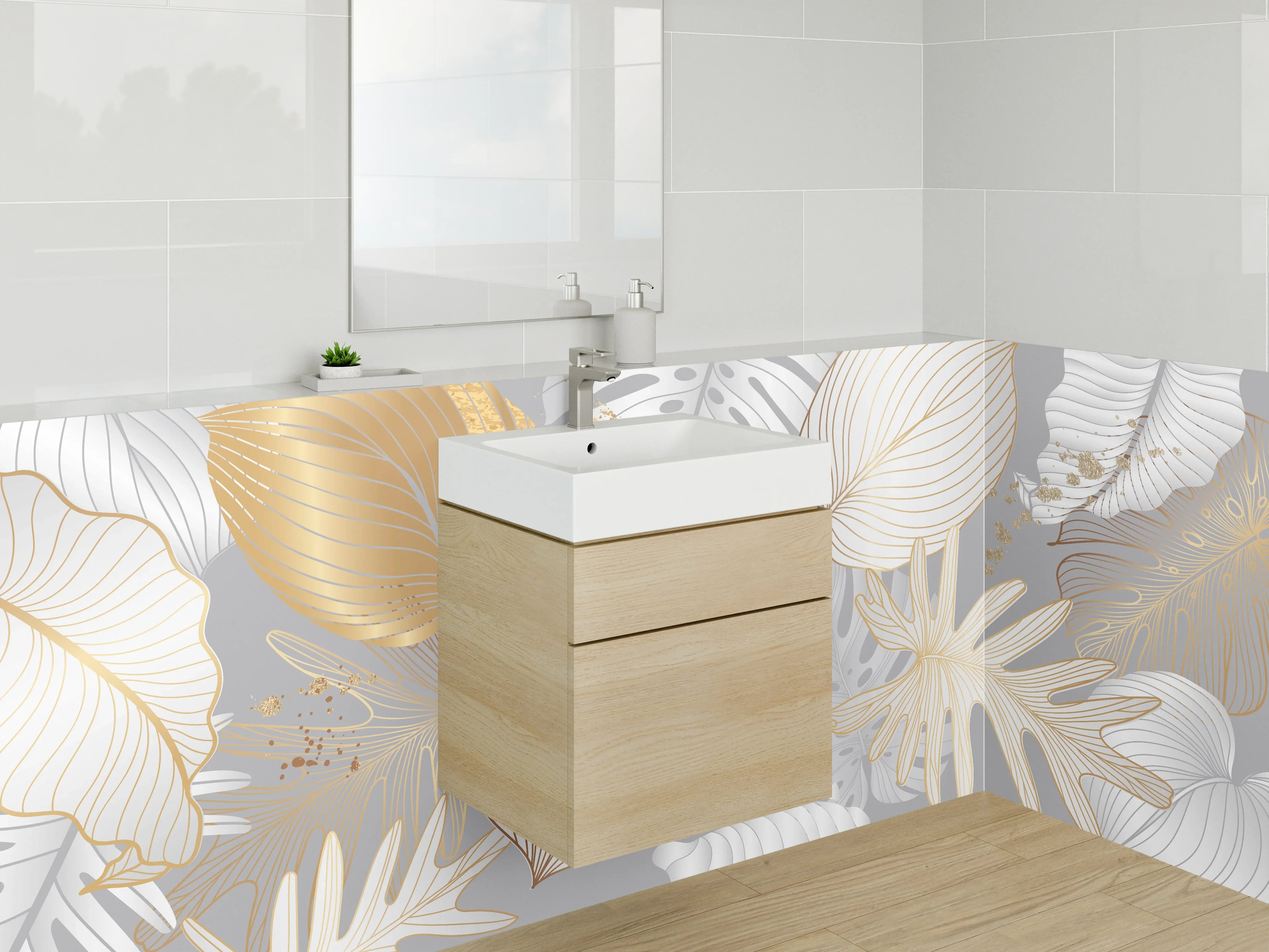 Waschbecken-Rückwand - Goldene Lineart Blätter auf Grau