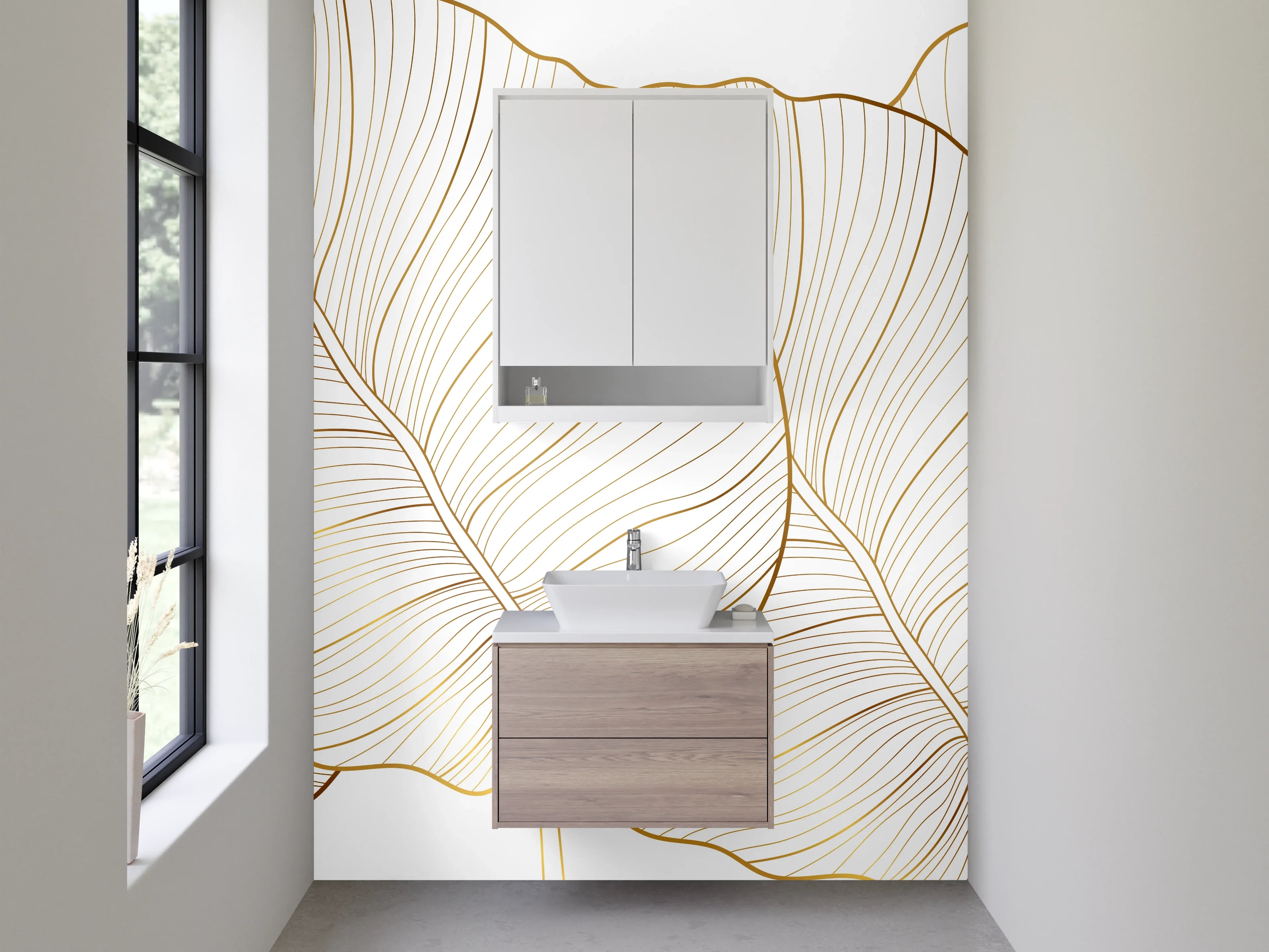 Waschbecken-Rückwand - Goldene Lineart-Blätter auf Weiß