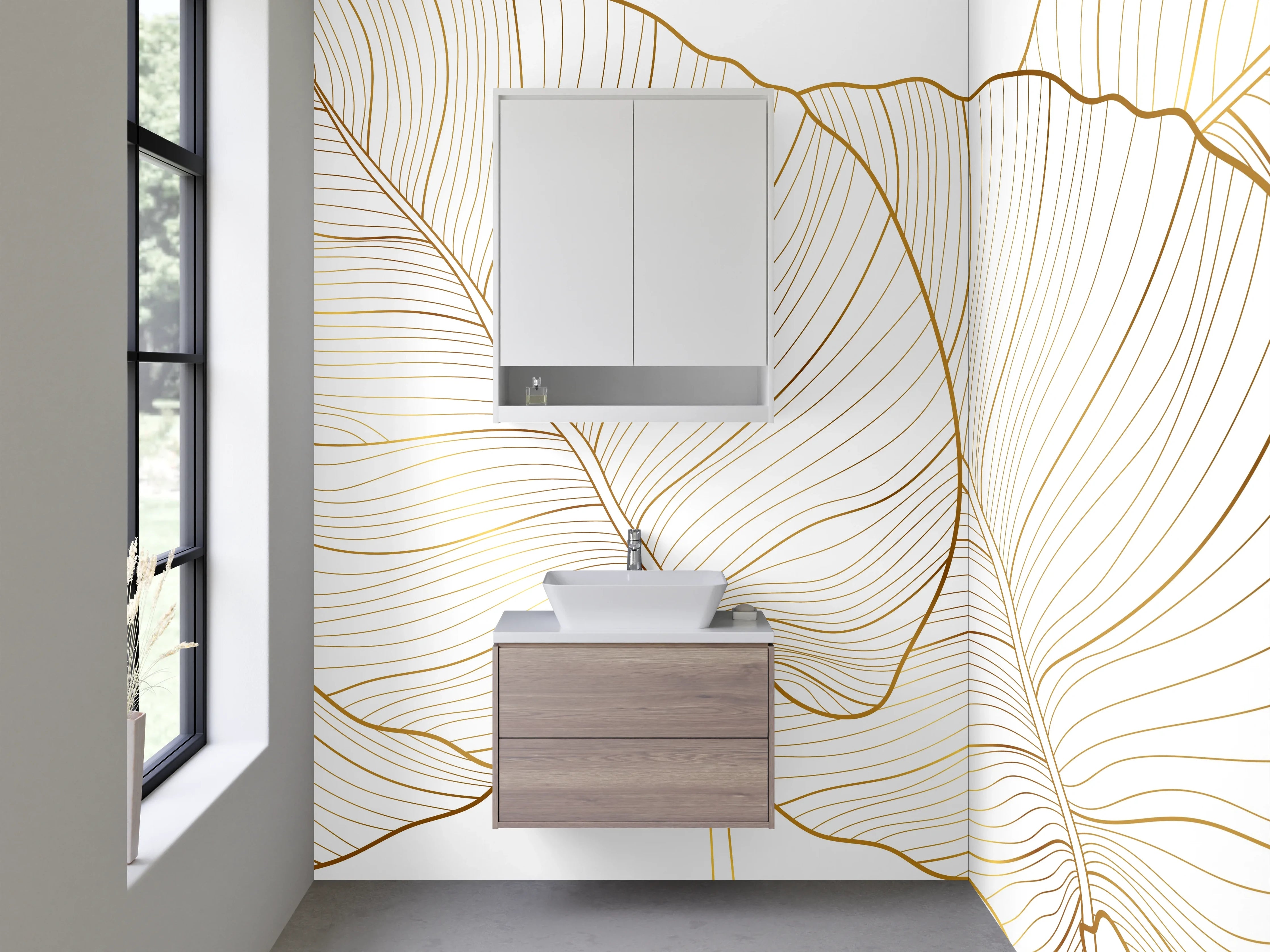 Waschbecken-Rückwand - Goldene Lineart-Blätter auf Weiß