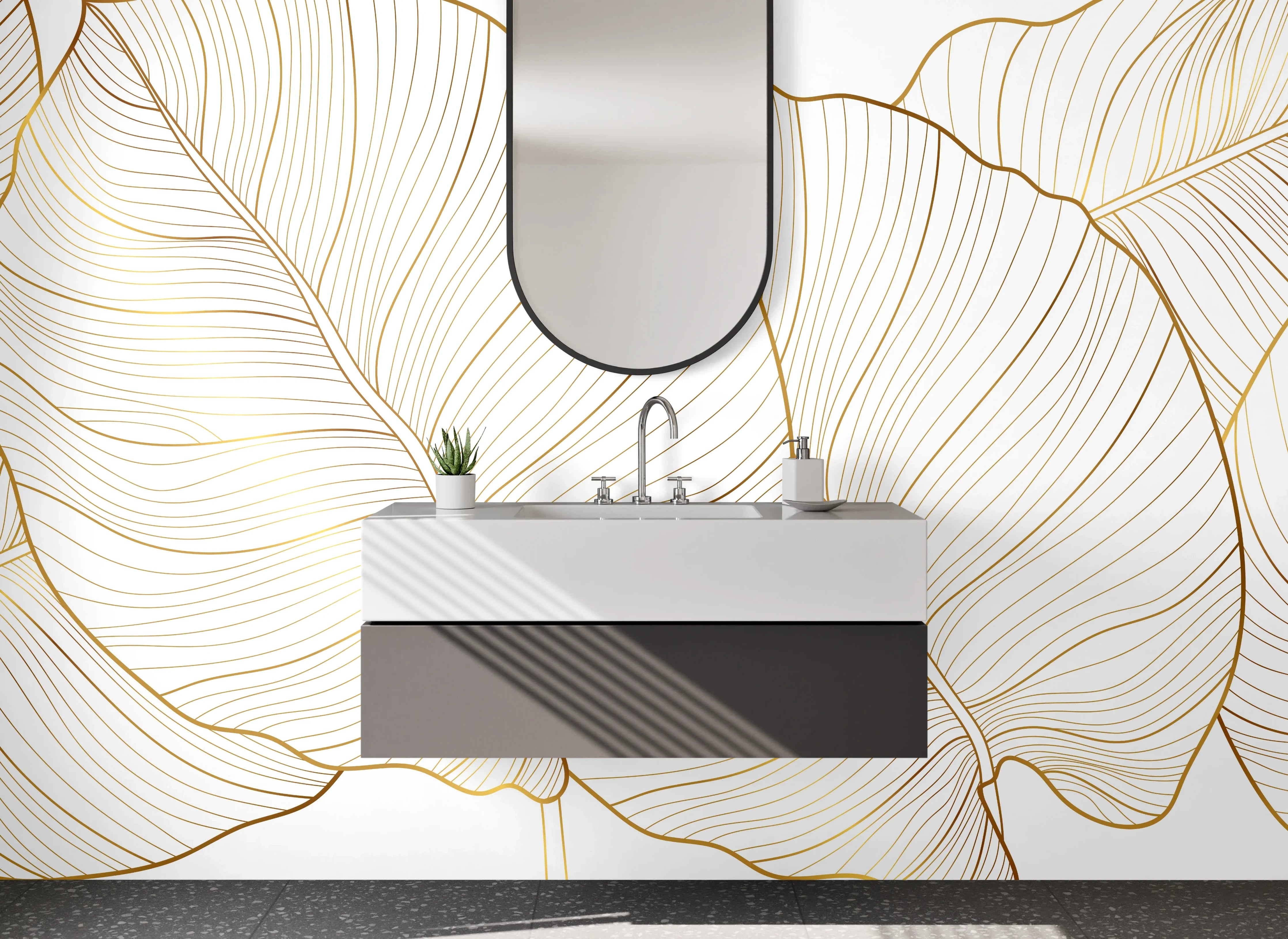 Waschbecken-Rückwand - Goldene Lineart-Blätter auf Weiß