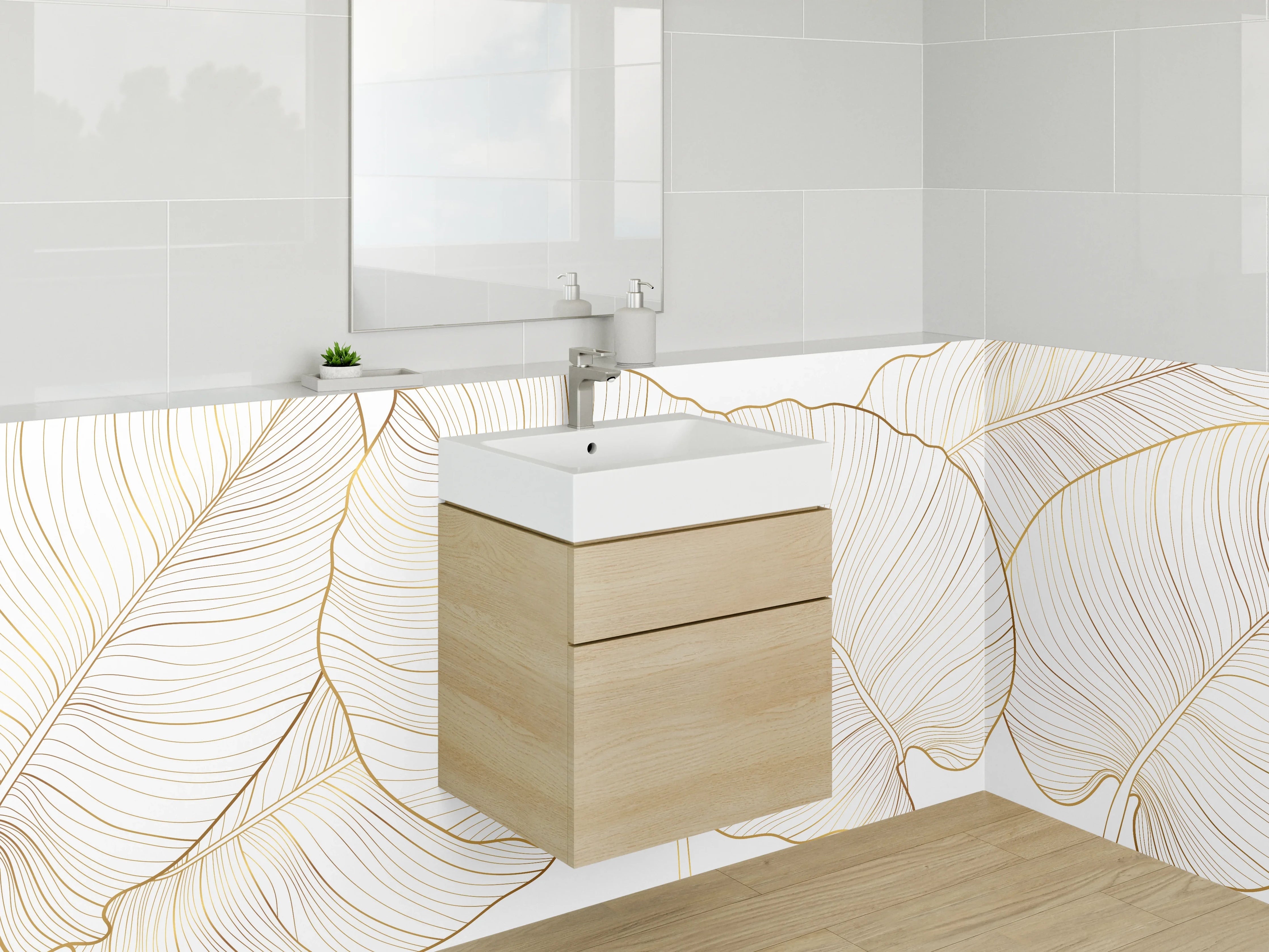Waschbecken-Rückwand - Goldene Lineart-Blätter auf Weiß