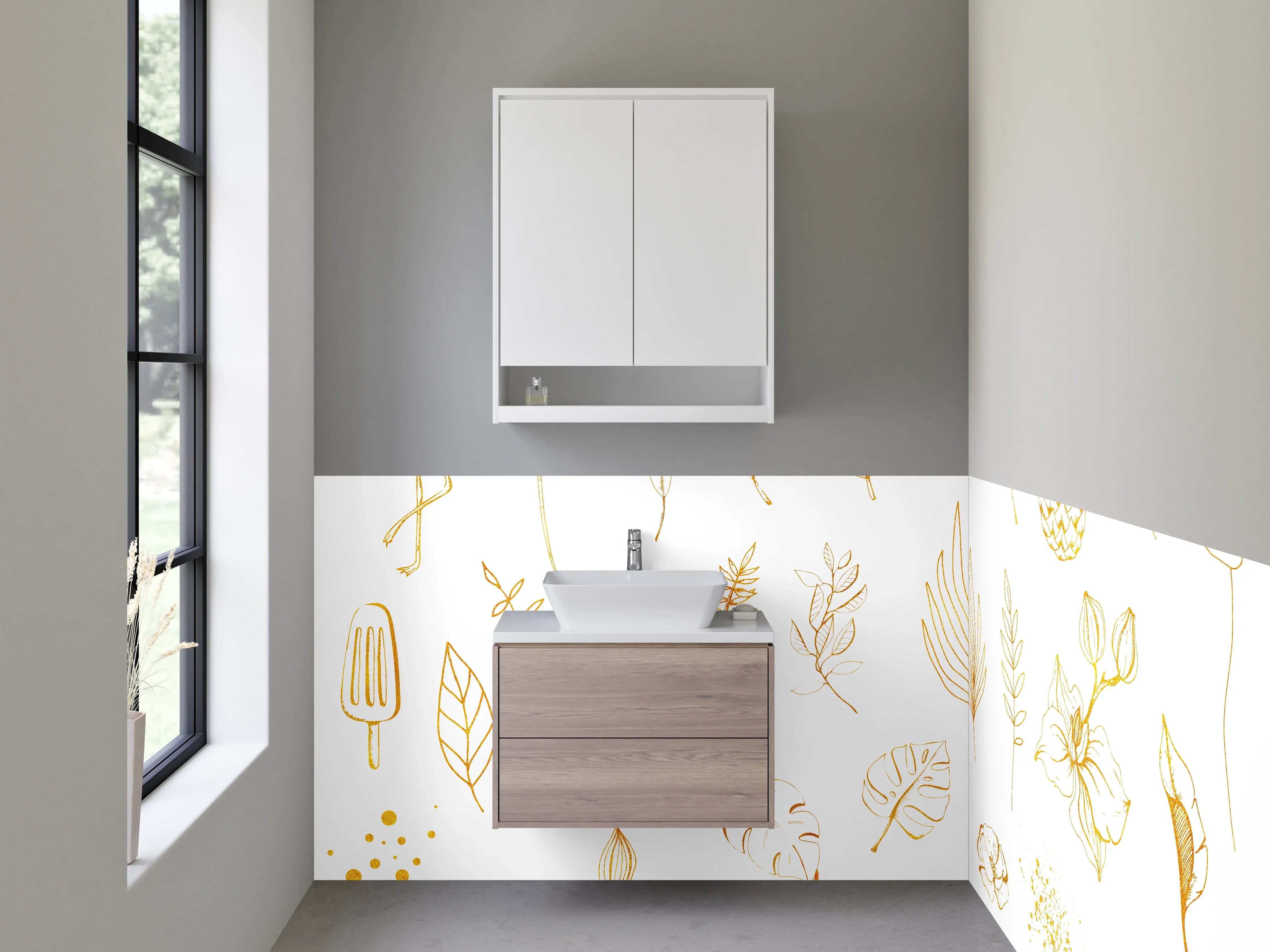 Waschbecken-Rückwand - Goldene Lineart Tropisch Blätter Früchte