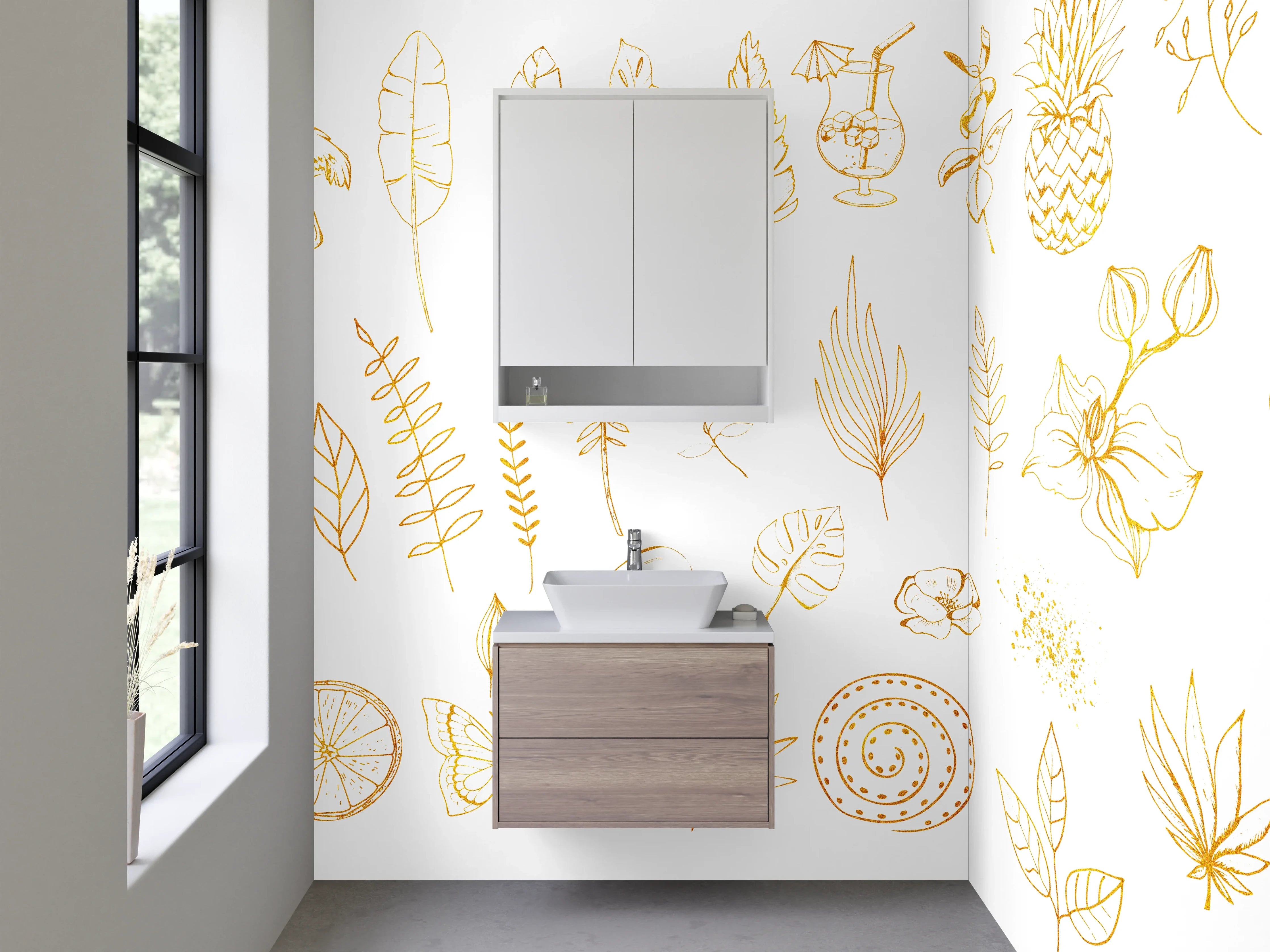 Waschbecken-Rückwand - Goldene Lineart Tropisch Blätter Früchte
