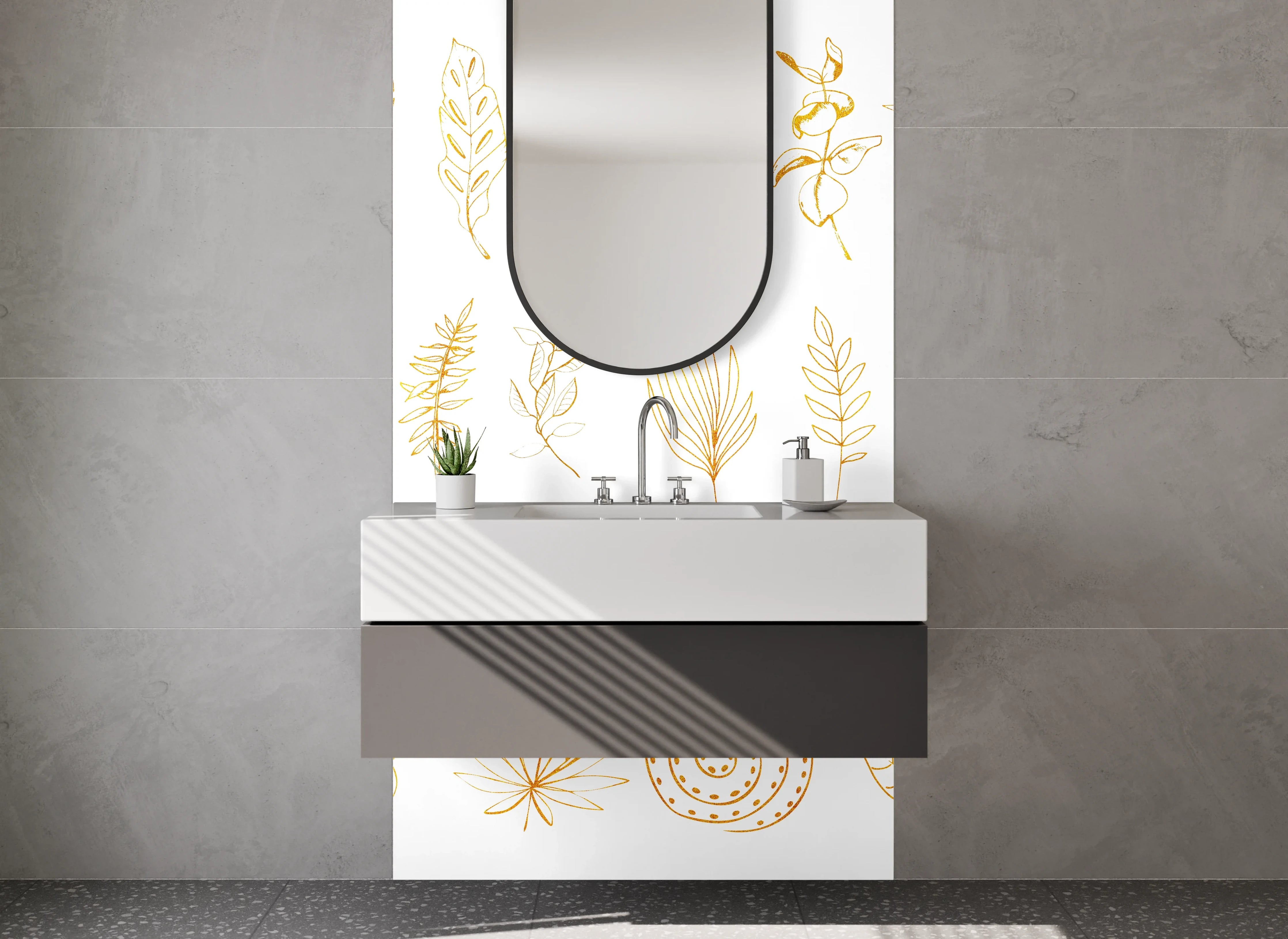 Waschbecken-Rückwand - Goldene Lineart Tropisch Blätter Früchte