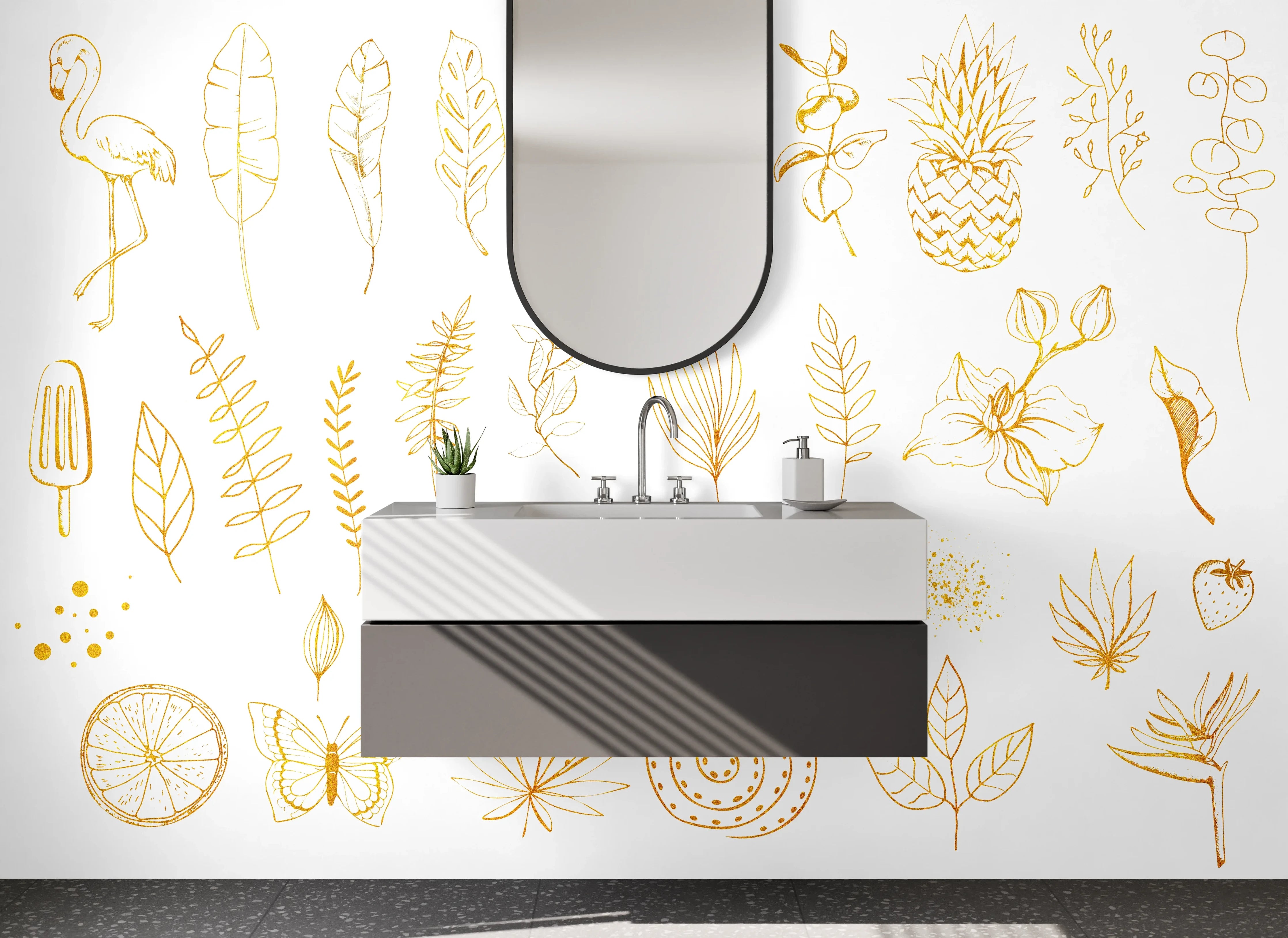 Waschbecken-Rückwand - Goldene Lineart Tropisch Blätter Früchte