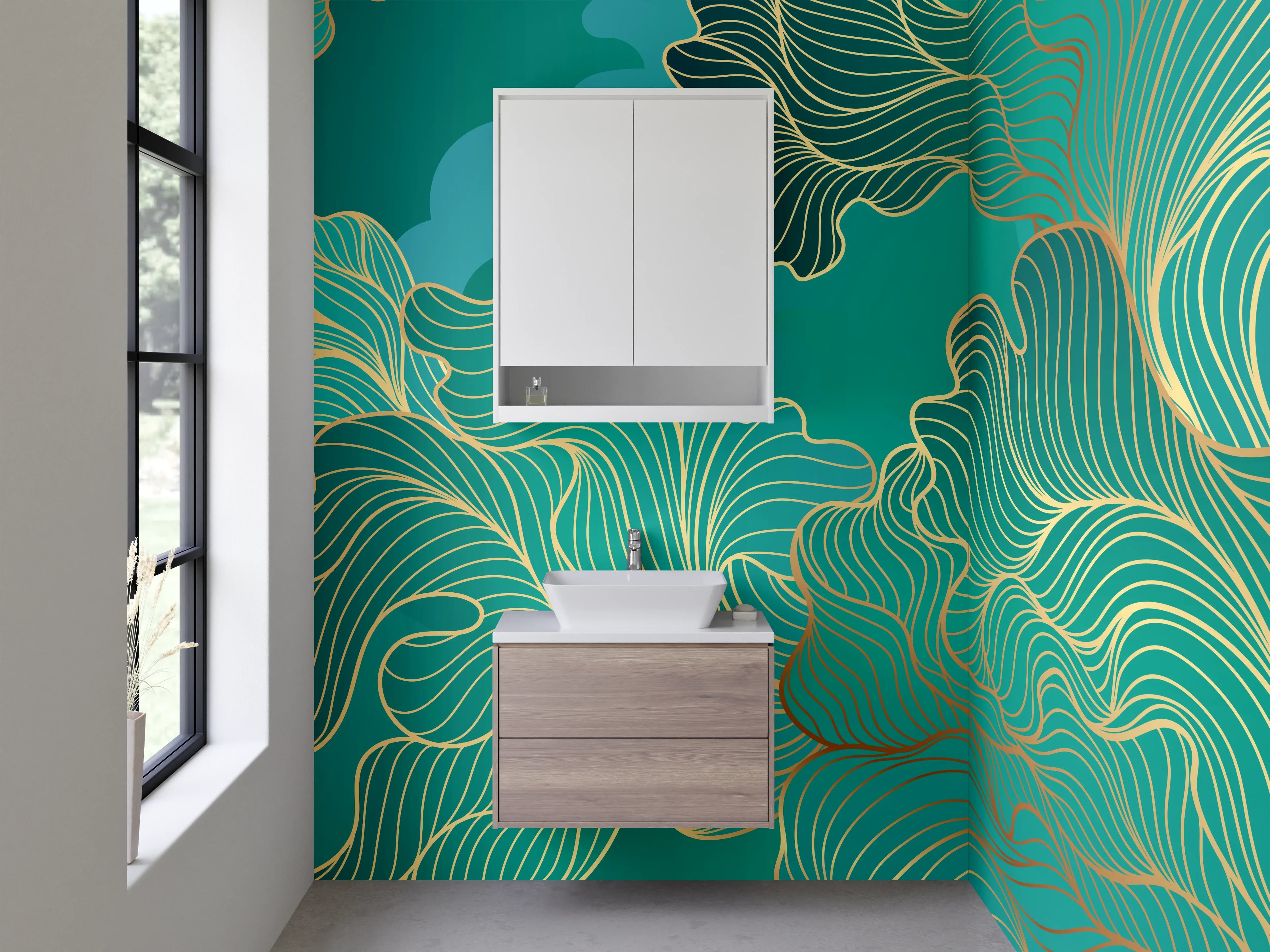 Waschbecken-Rückwand - Goldene Lineart auf Türkisgrün