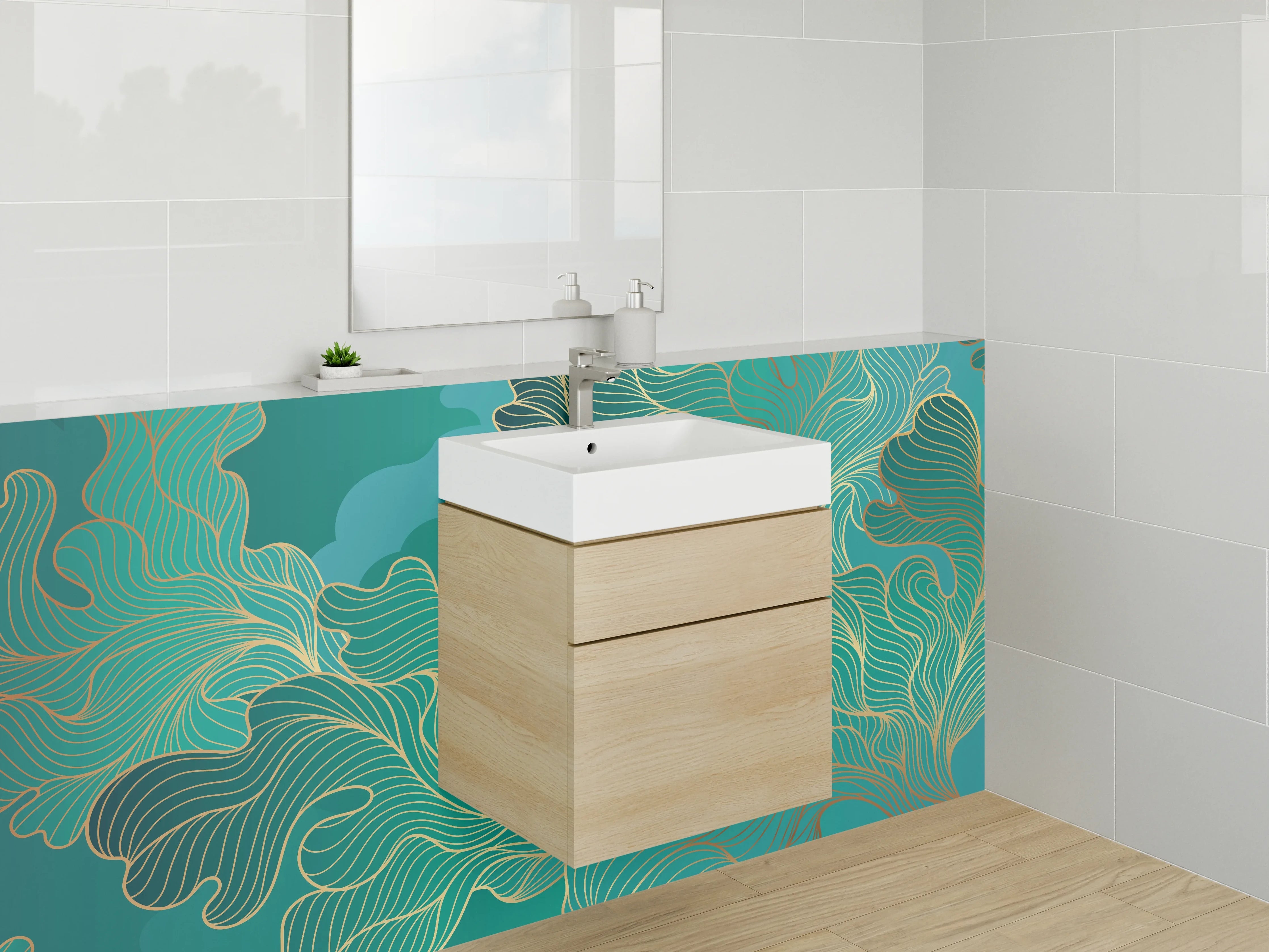 Waschbecken-Rückwand - Goldene Lineart auf Türkisgrün
