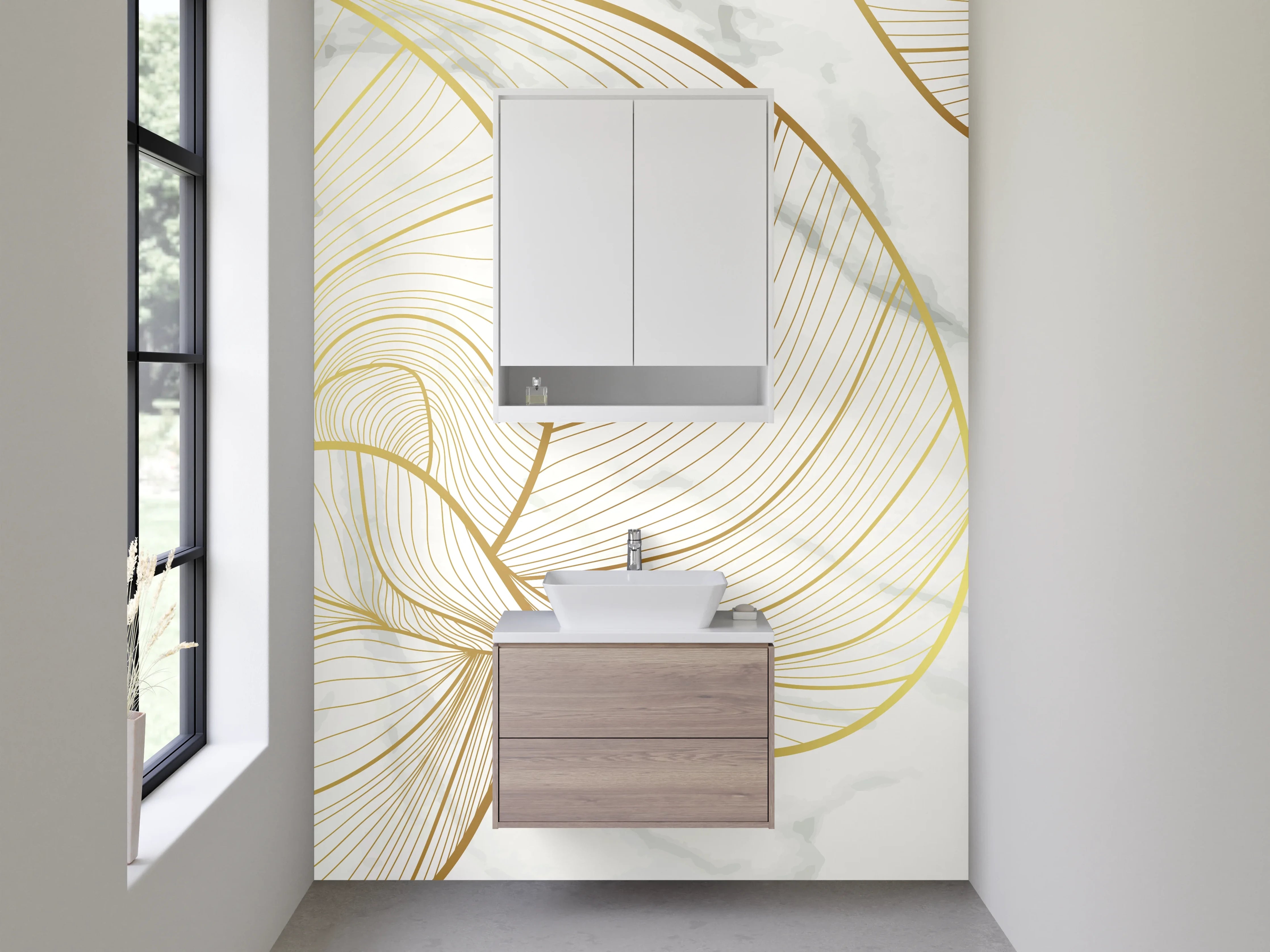 Waschbecken-Rückwand - Goldene Lineart auf weißem Marmor
