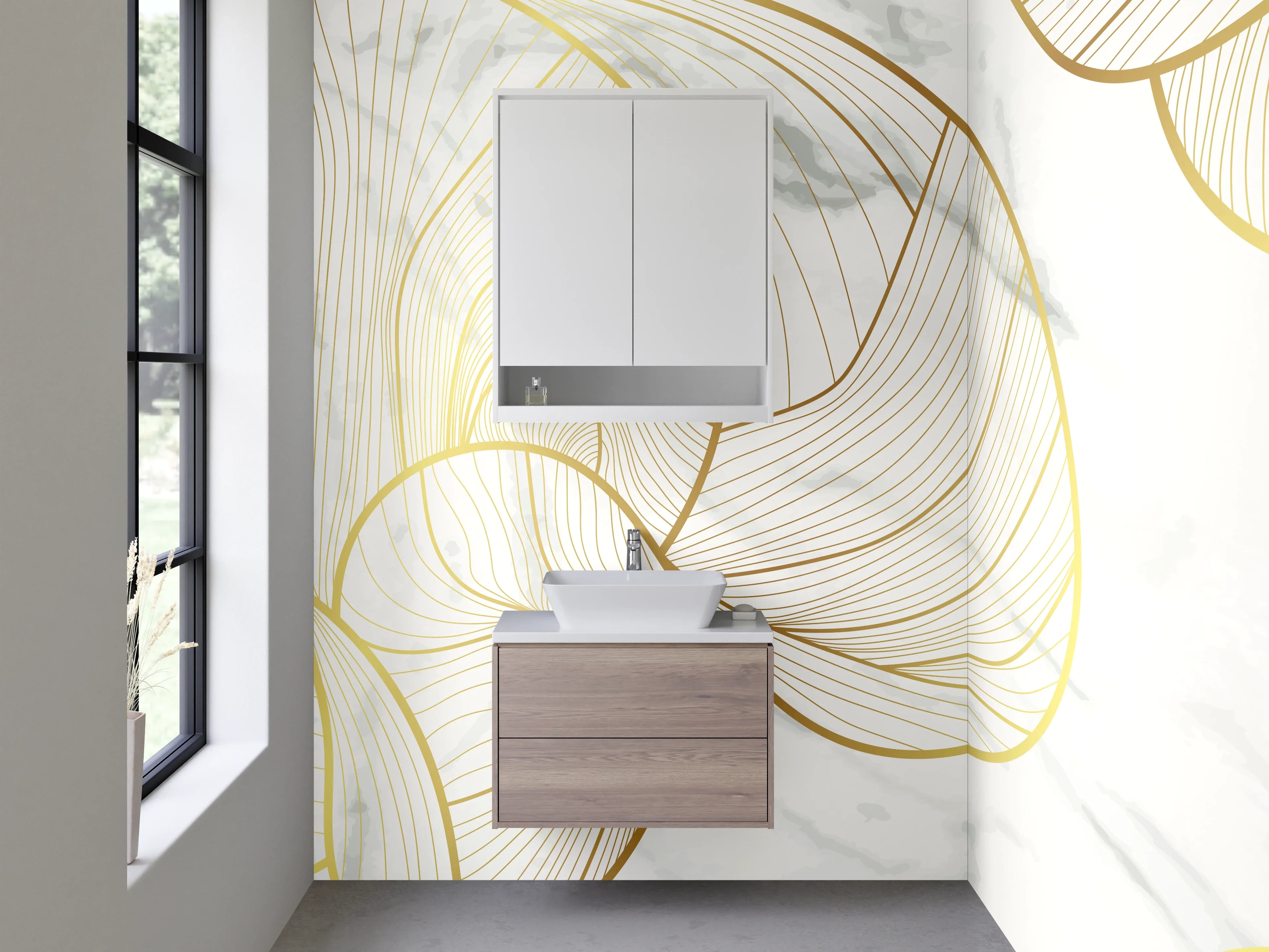 Waschbecken-Rückwand - Goldene Lineart auf weißem Marmor