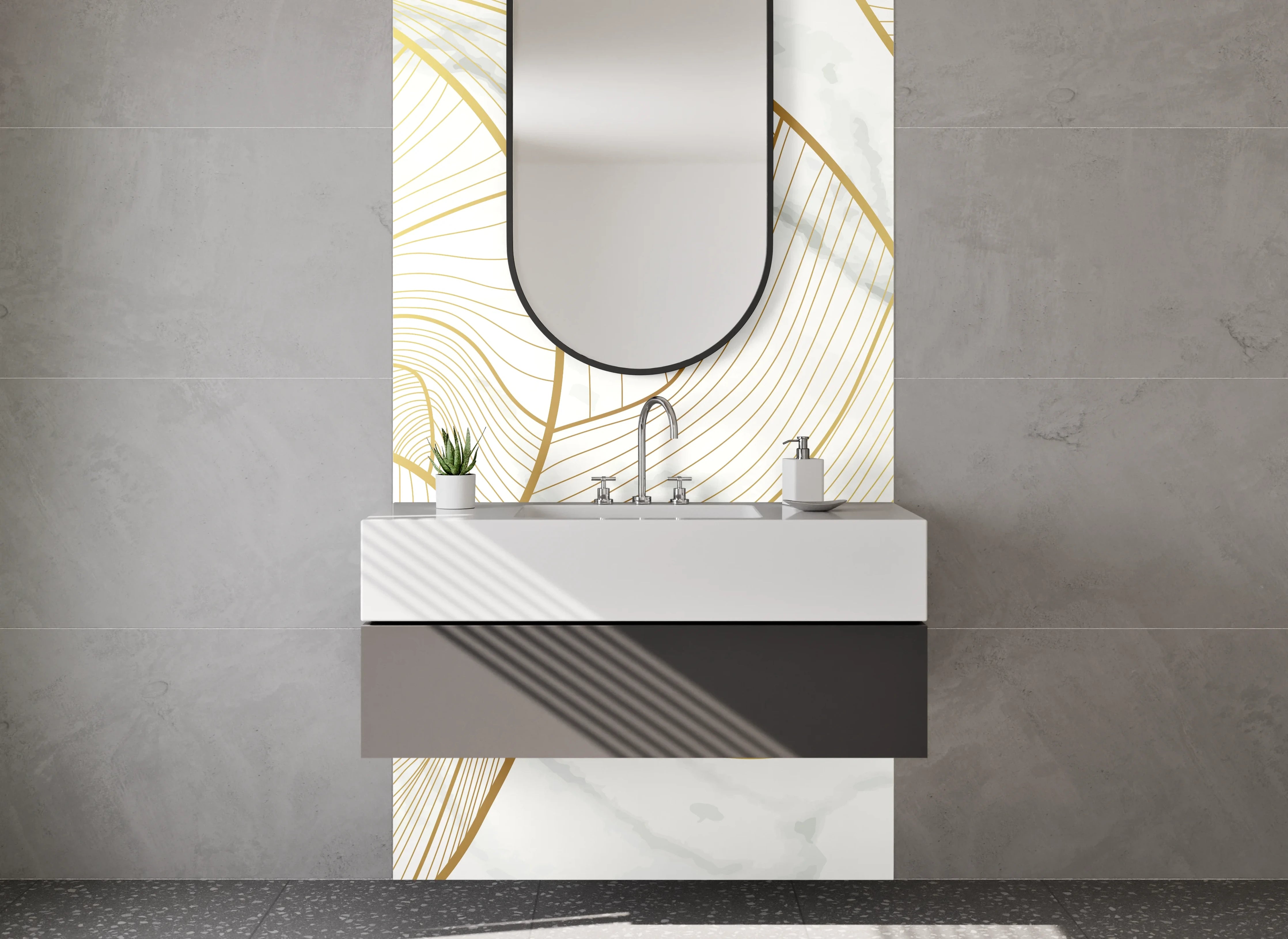 Waschbecken-Rückwand - Goldene Lineart auf weißem Marmor