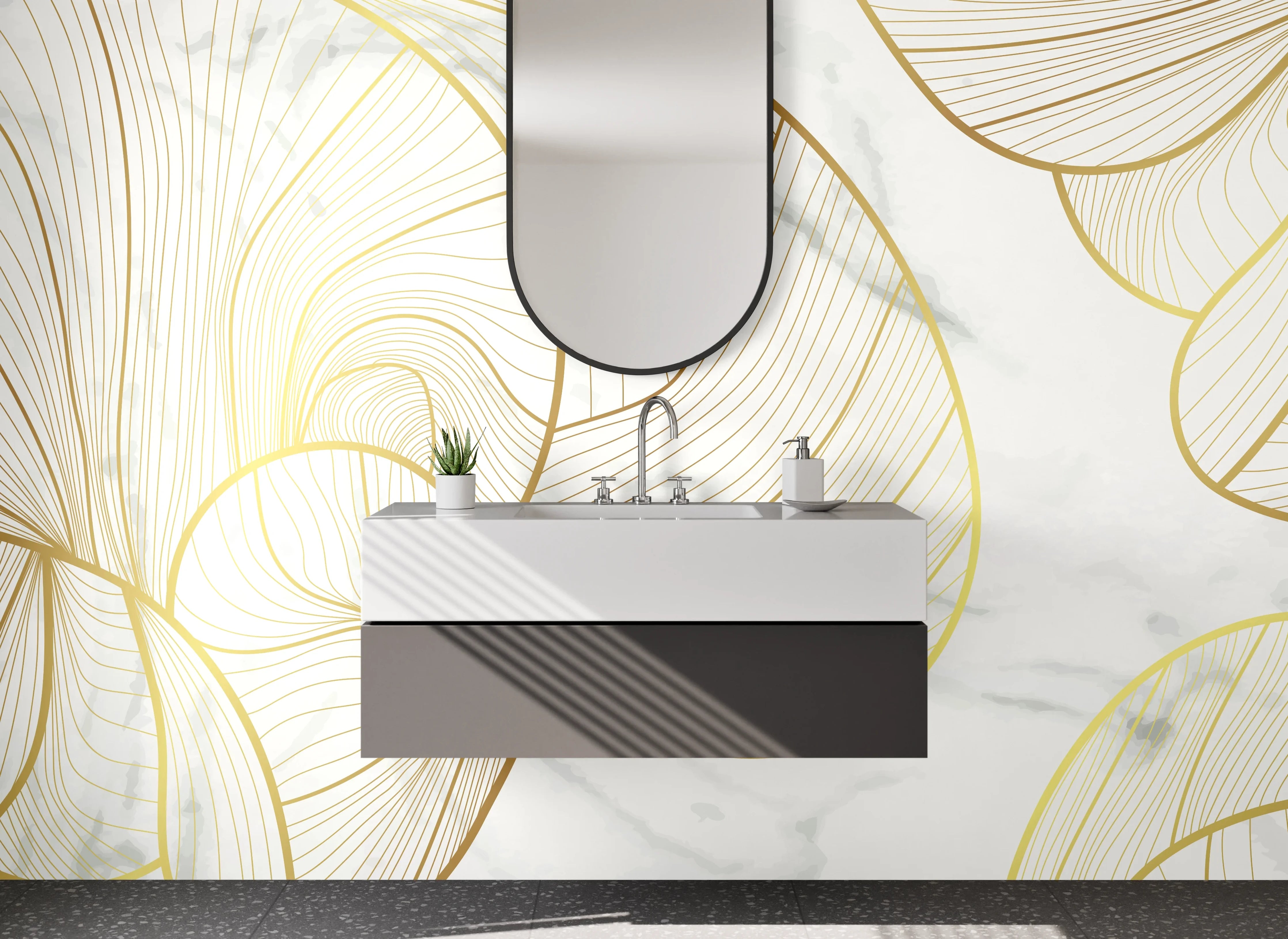 Waschbecken-Rückwand - Goldene Lineart auf weißem Marmor