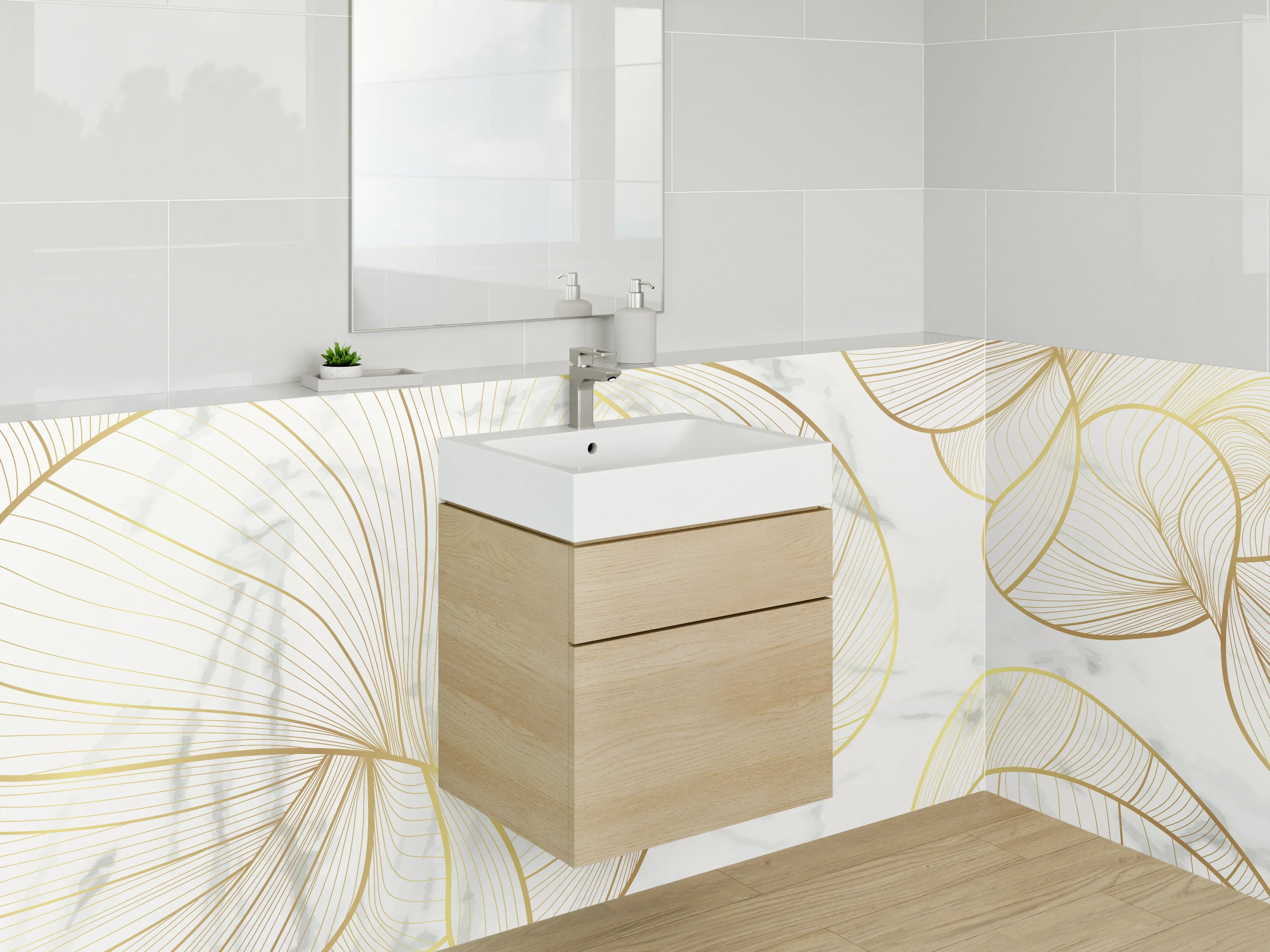 Waschbecken-Rückwand - Goldene Lineart auf weißem Marmor