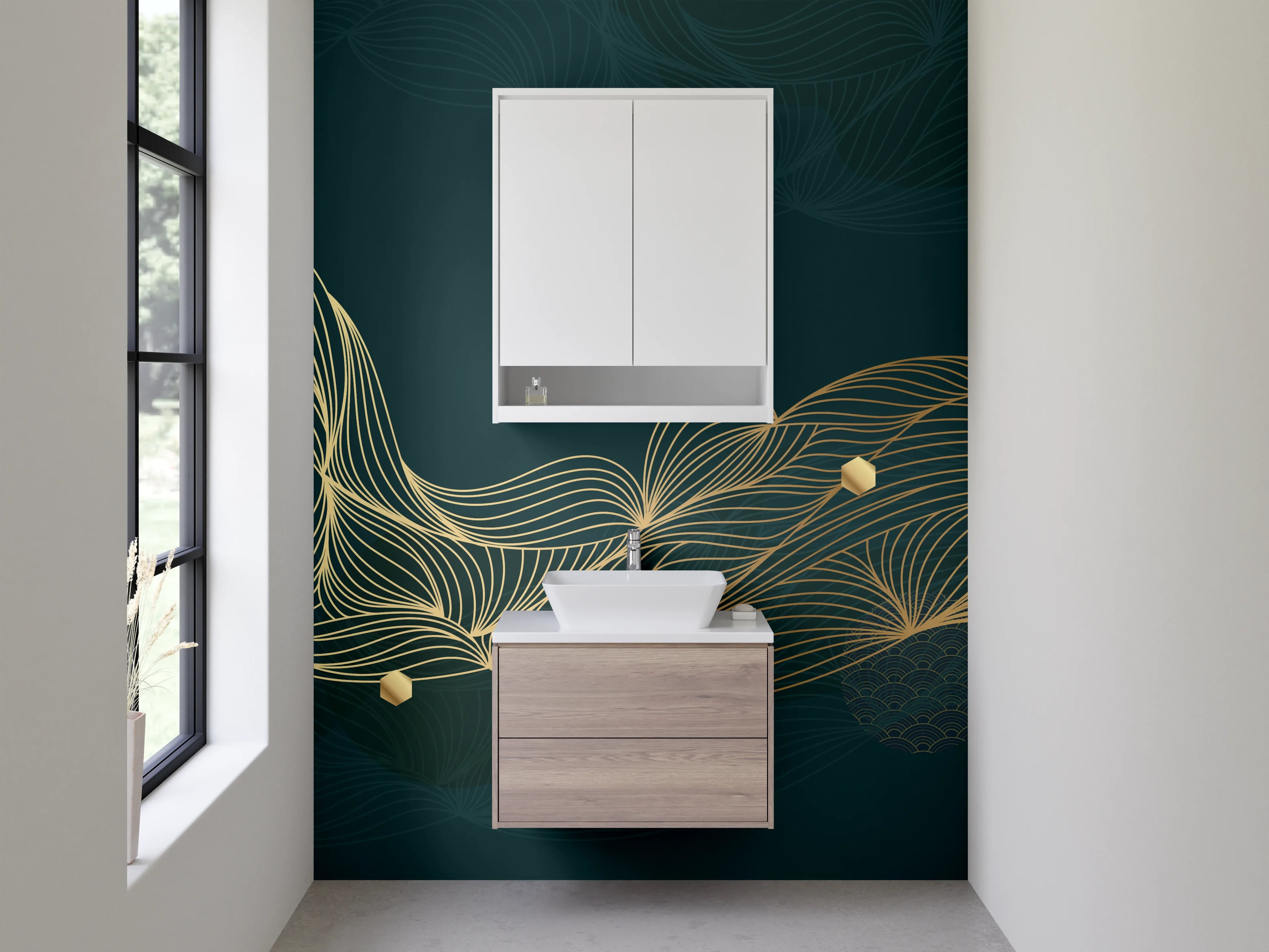 Waschbecken-Rückwand - Goldene Linien auf dunklem Untergrund