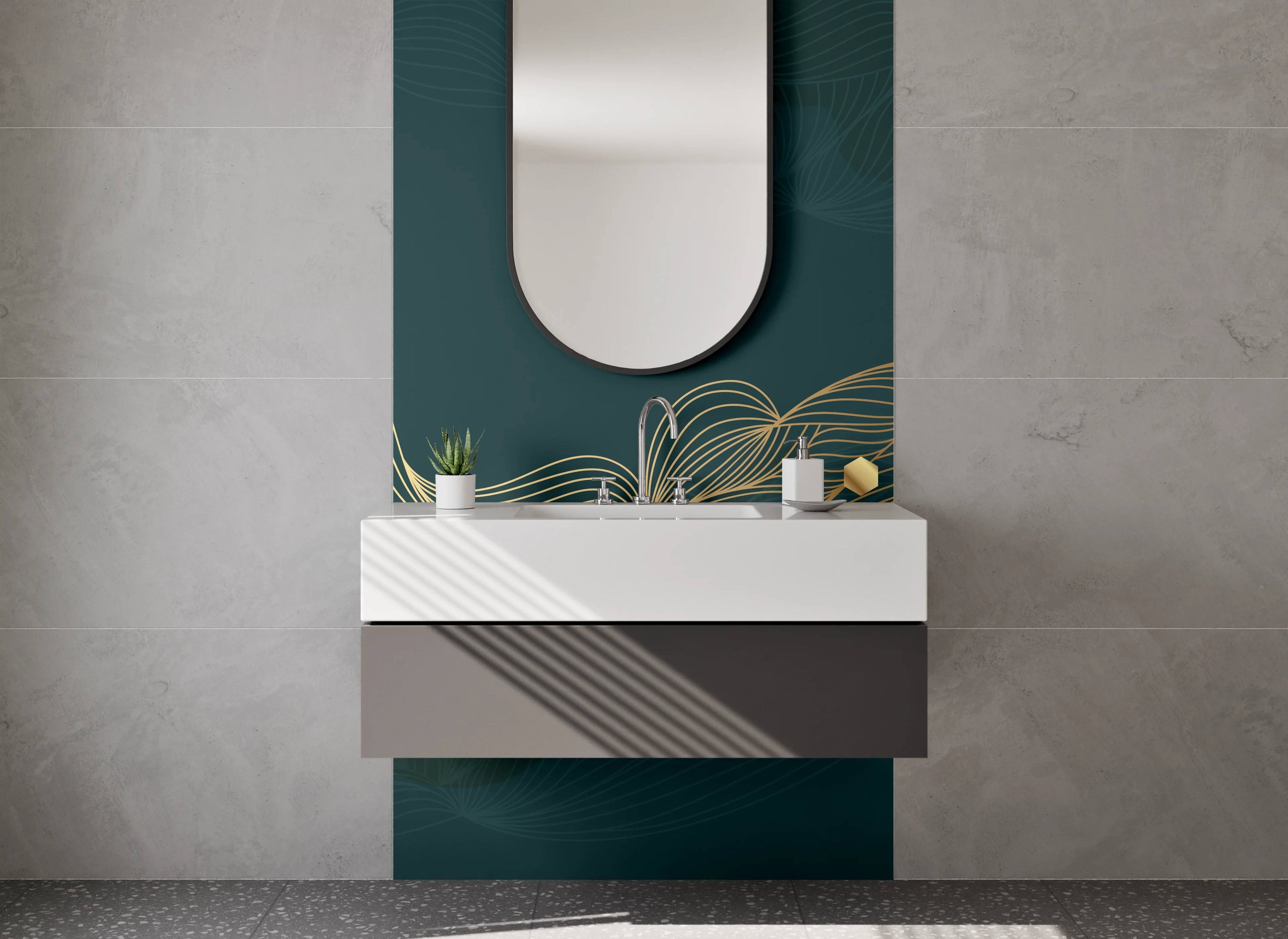 Waschbecken-Rückwand - Goldene Linien auf dunklem Untergrund