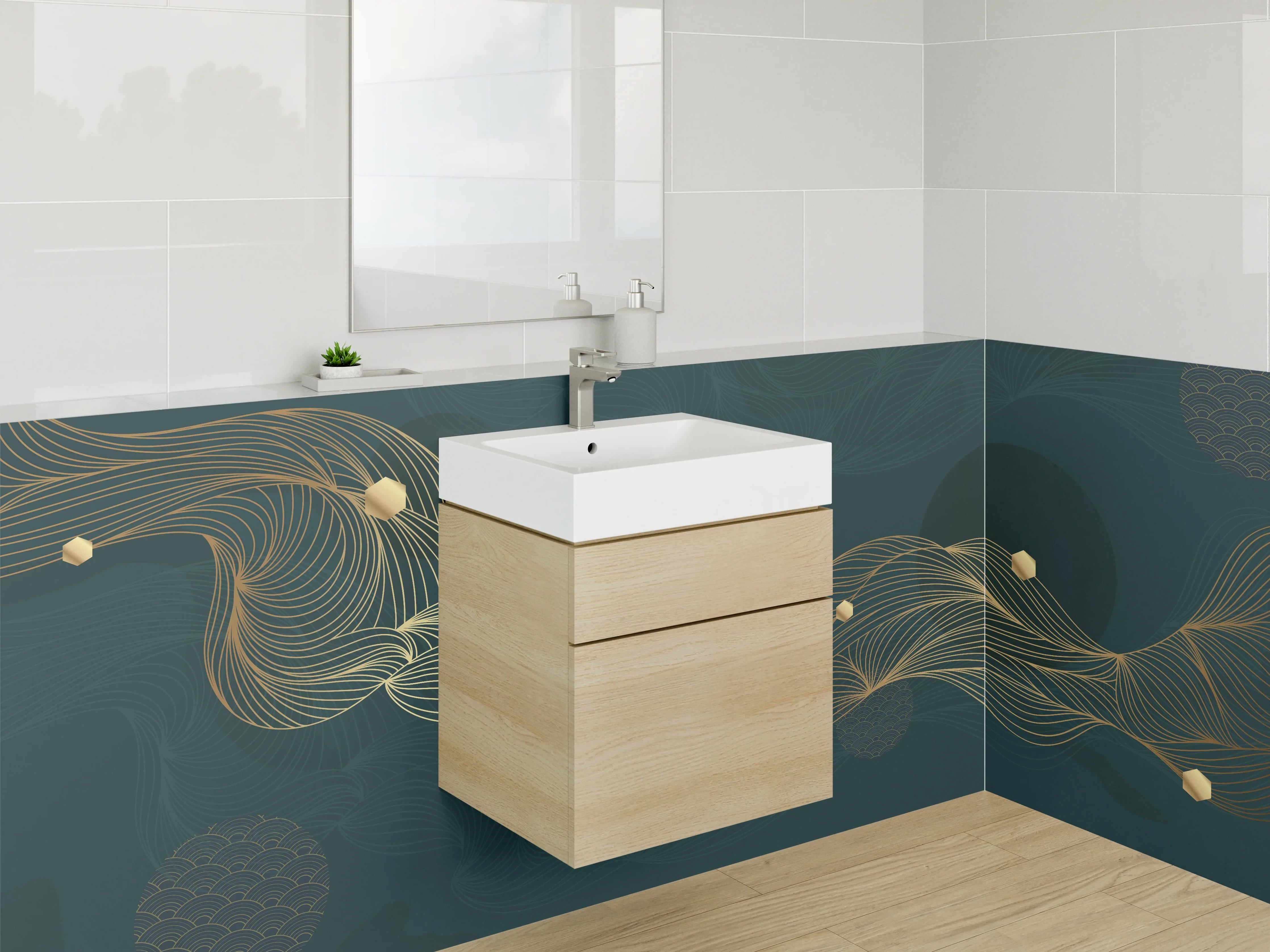 Waschbecken-Rückwand - Goldene Linien auf dunklem Untergrund