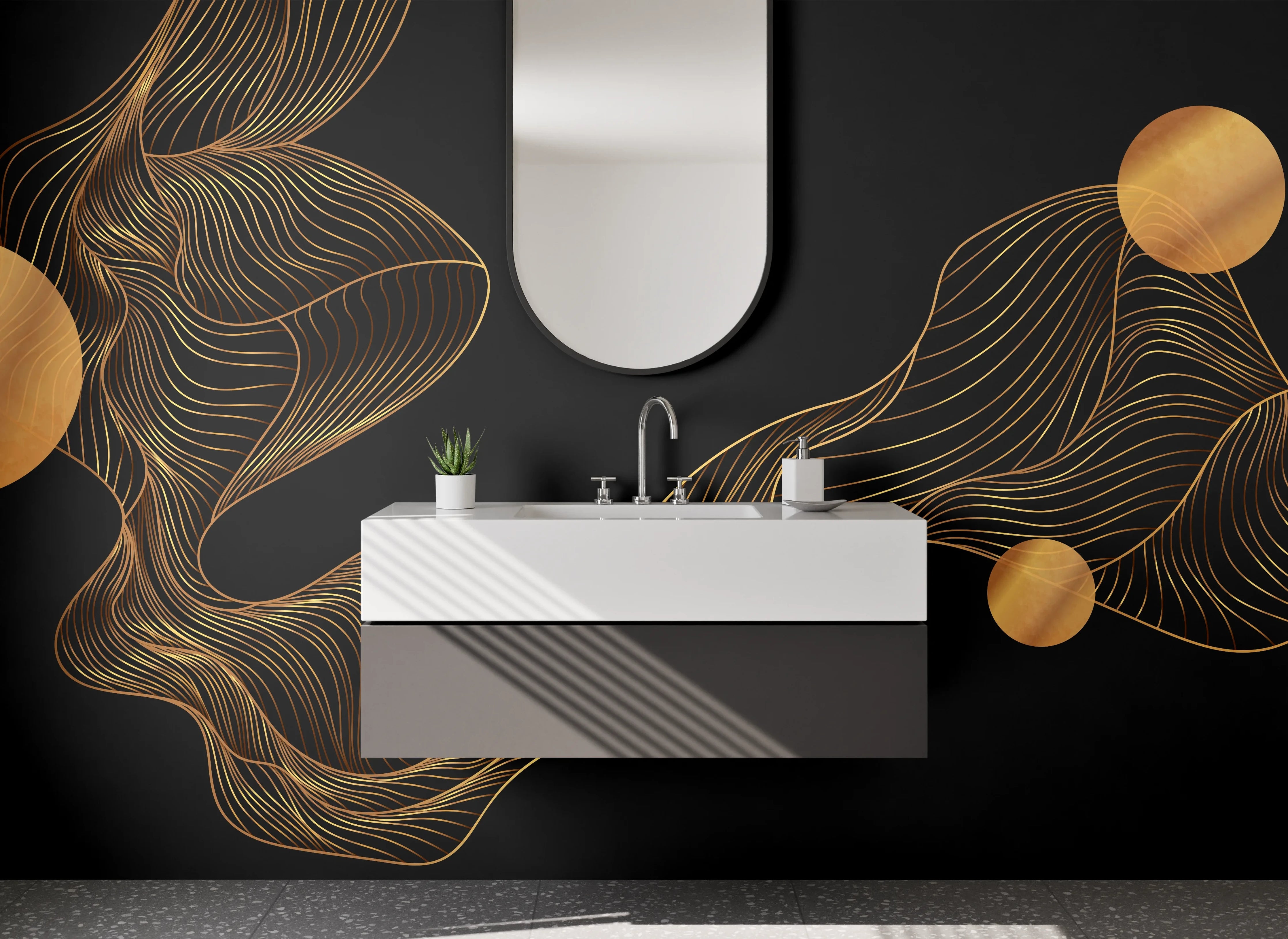 Waschbecken-Rückwand - Goldene Linien und graue Schatten