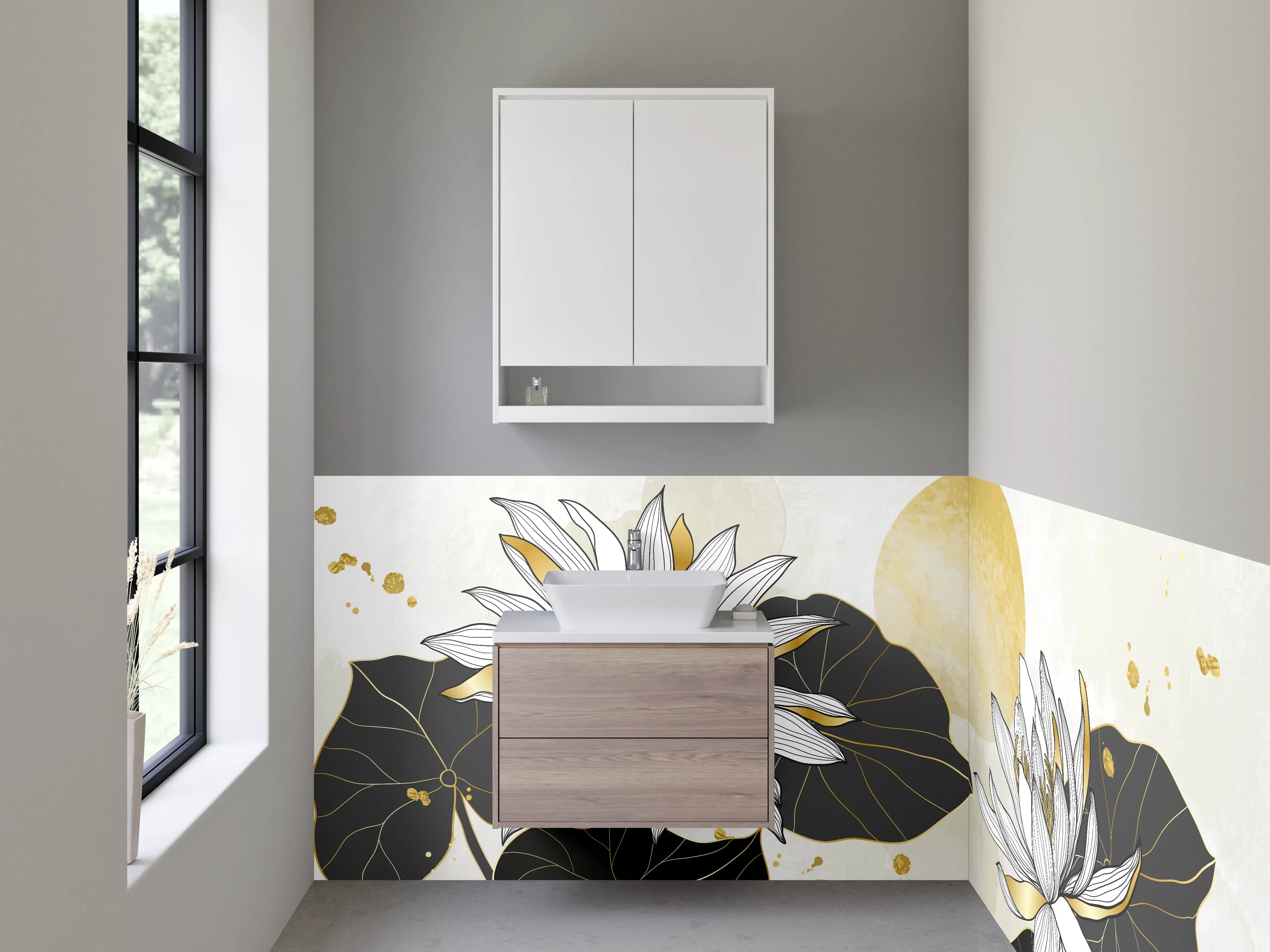 Waschbecken-Rückwand - Goldene Lotus Blumen Illustration Kunst
