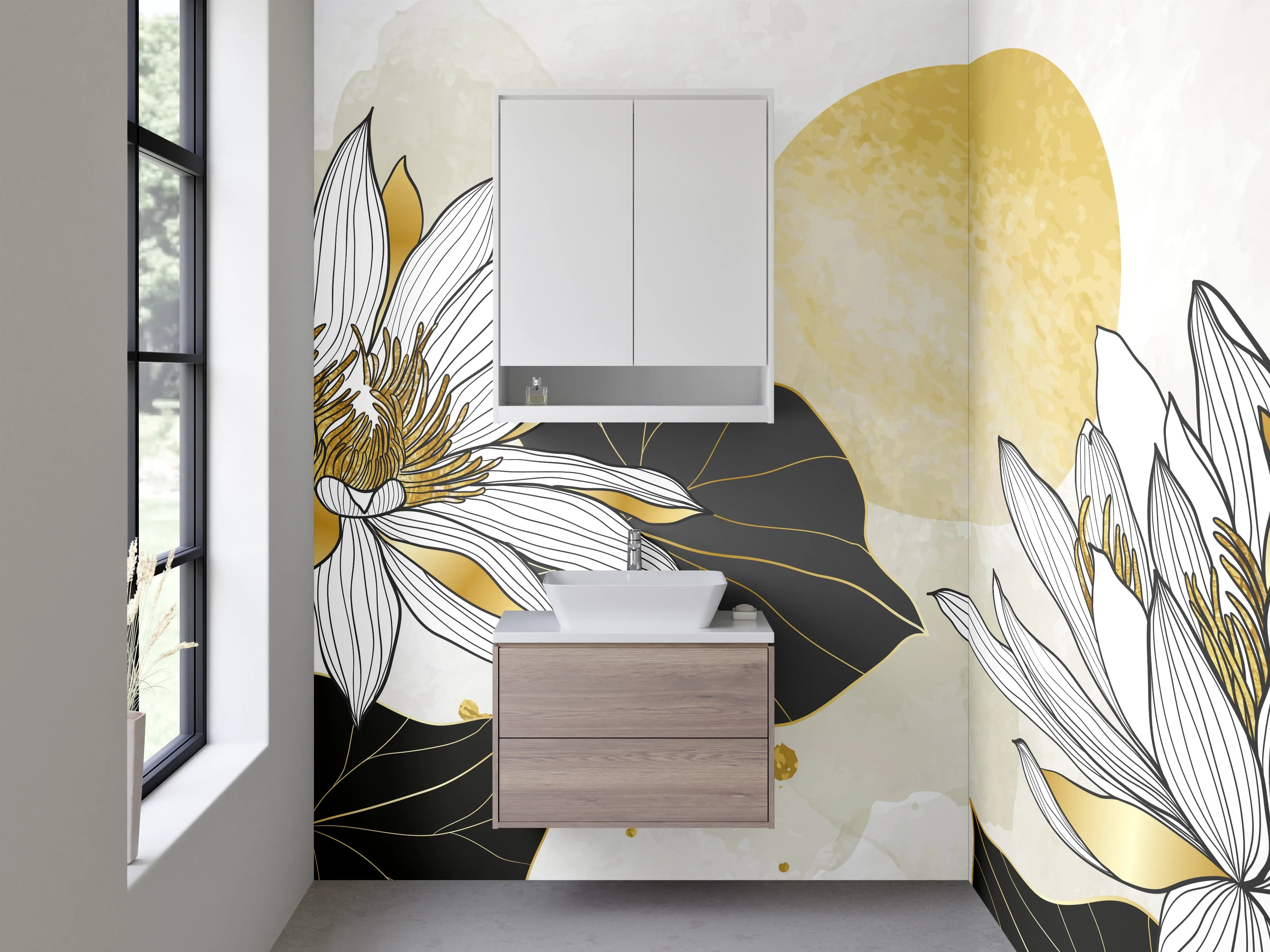 Waschbecken-Rückwand - Goldene Lotus Blumen Illustration Kunst