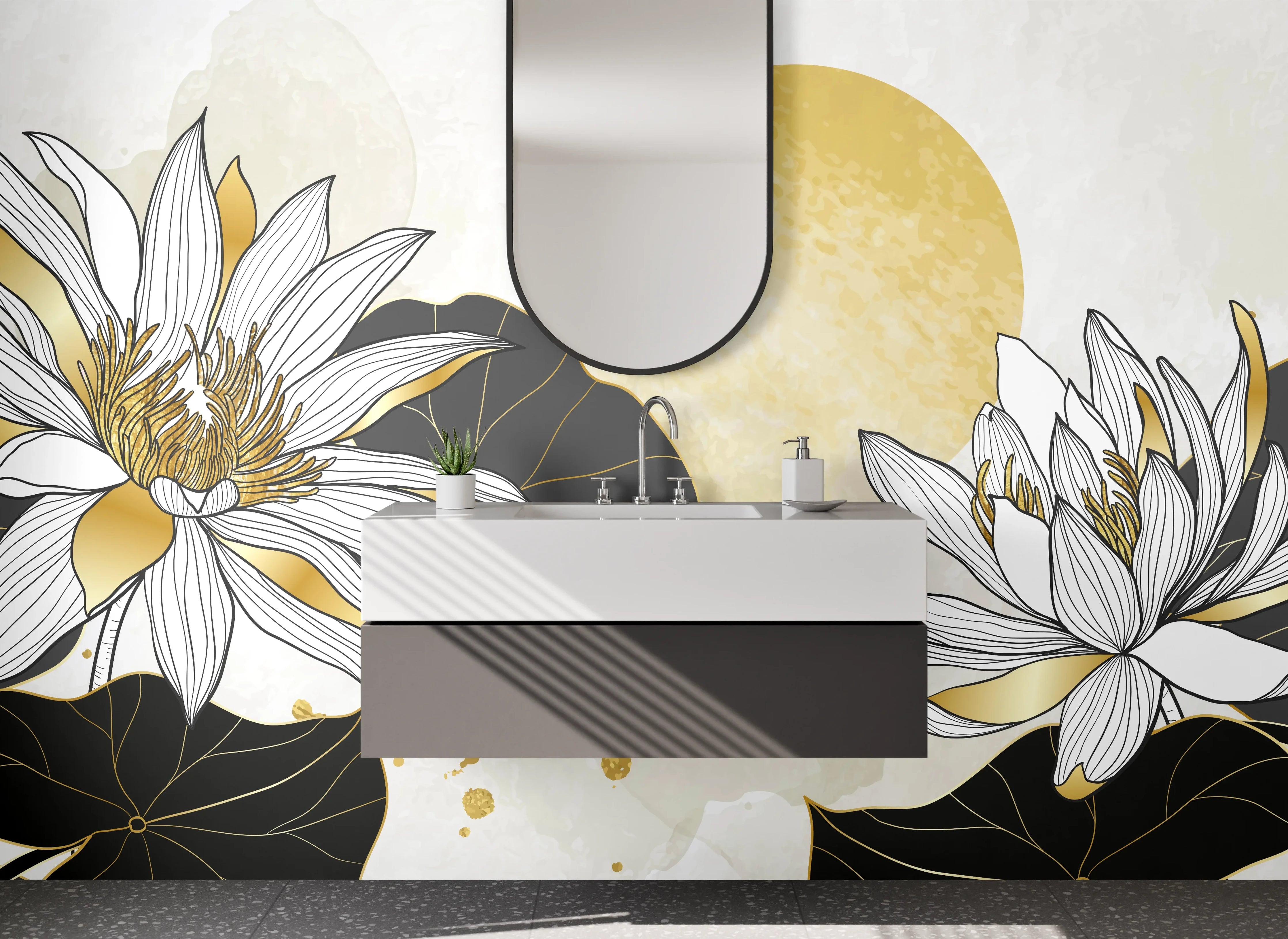 Waschbecken-Rückwand - Goldene Lotus Blumen Illustration Kunst