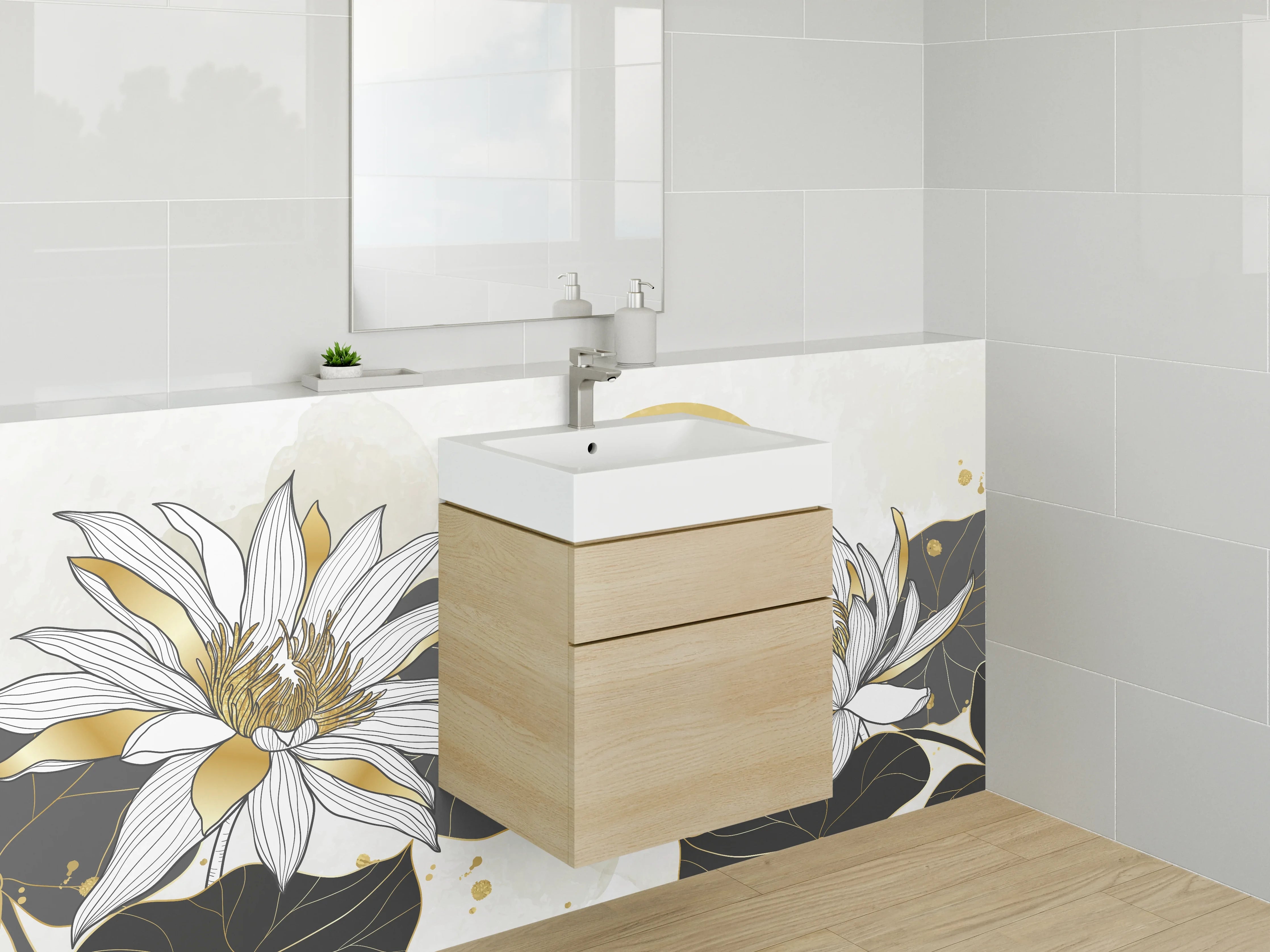 Waschbecken-Rückwand - Goldene Lotus Blumen Illustration Kunst