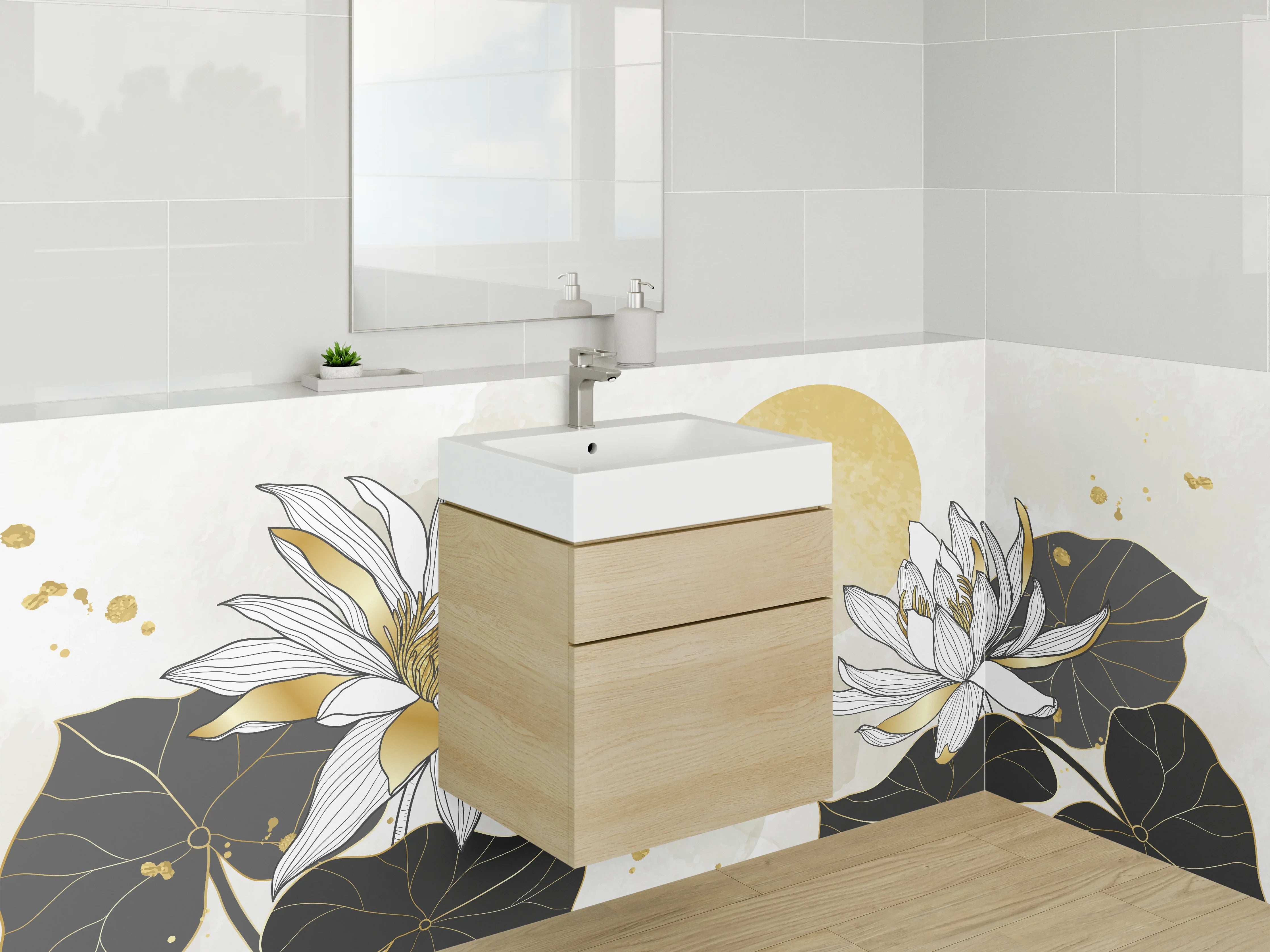 Waschbecken-Rückwand - Goldene Lotus Blumen Illustration Kunst