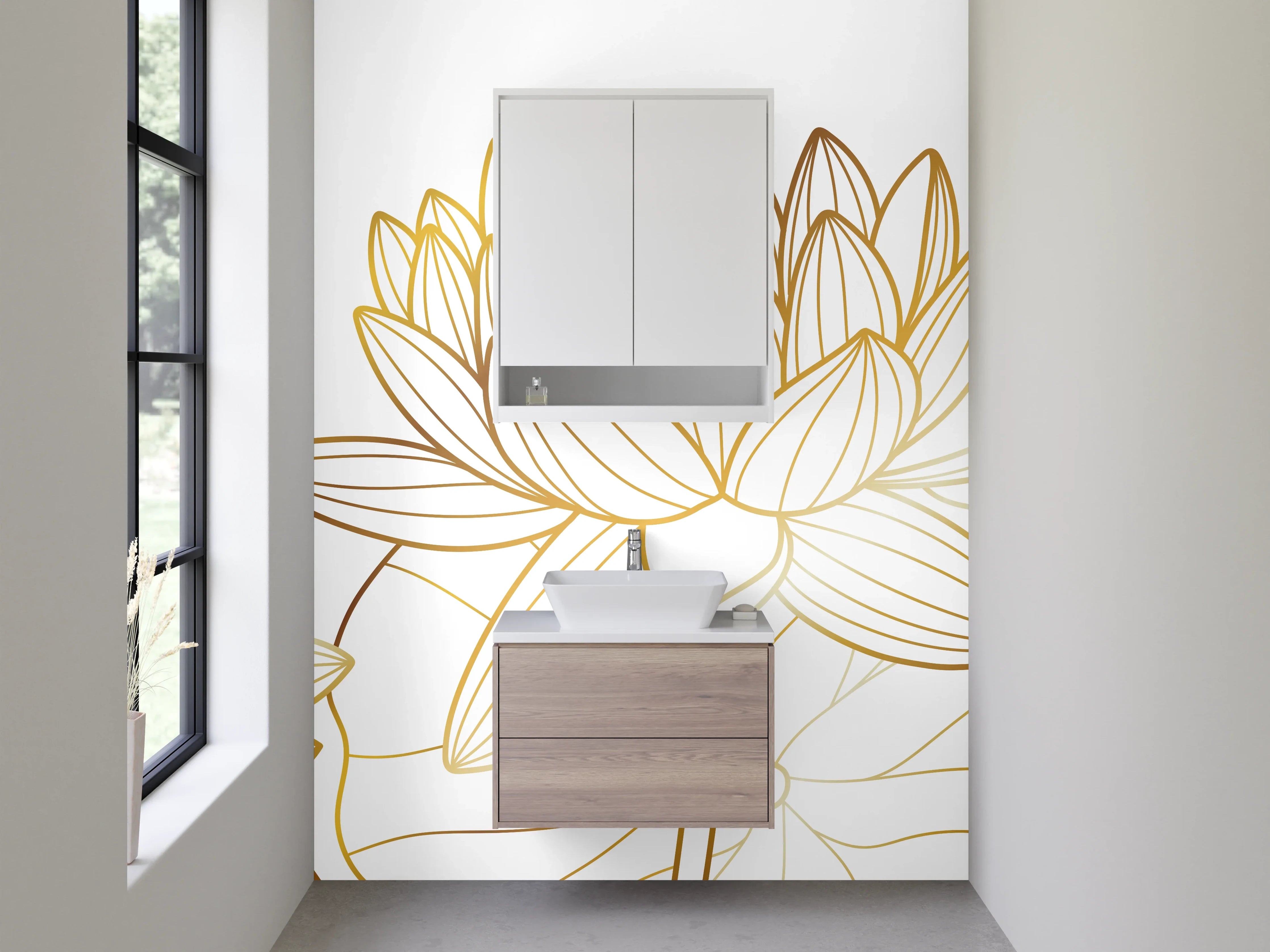 Waschbecken-Rückwand - Goldene Lotus Lineart Blumen
