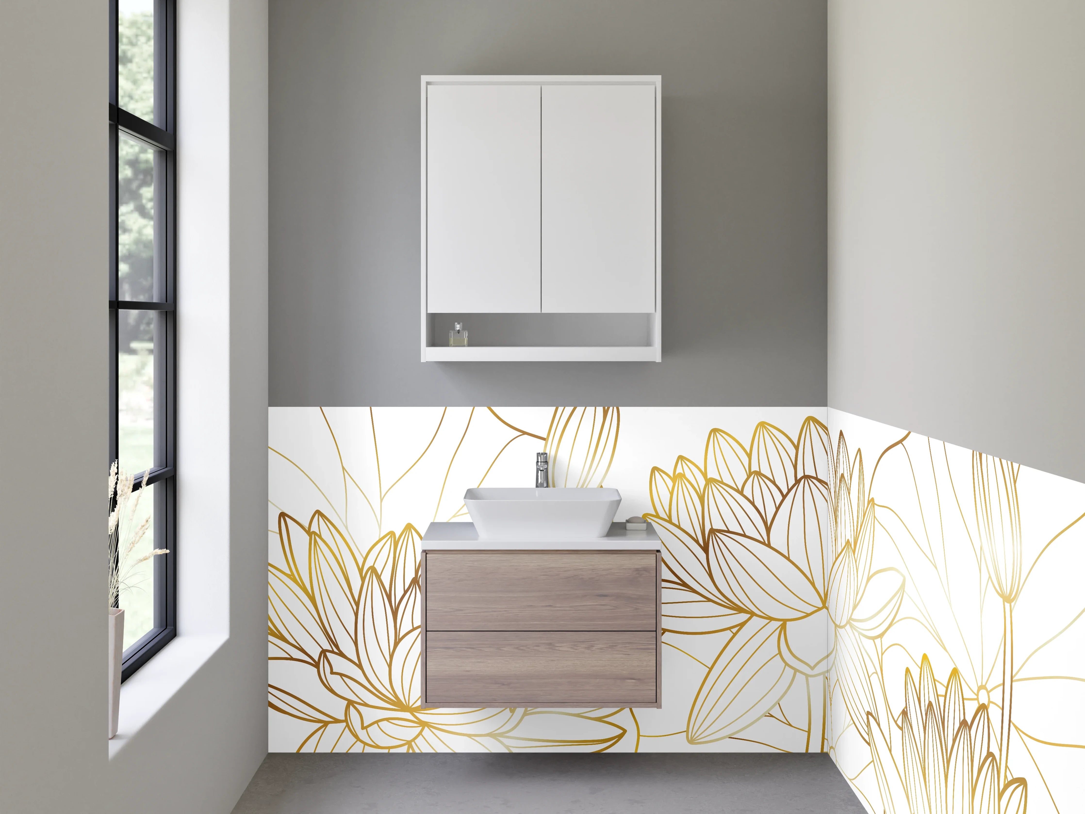 Waschbecken-Rückwand - Goldene Lotus Lineart Blumen