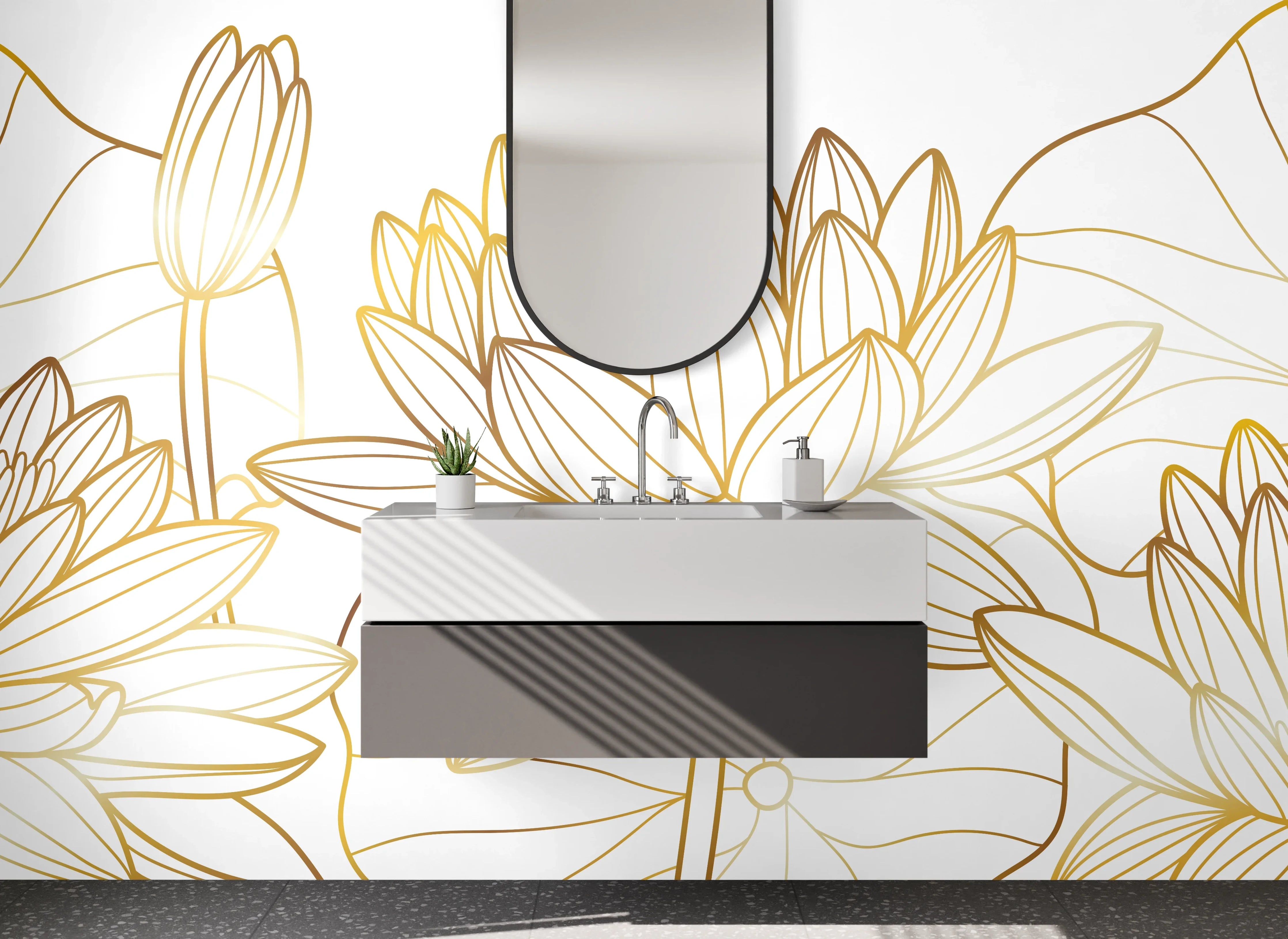Waschbecken-Rückwand - Goldene Lotus Lineart Blumen