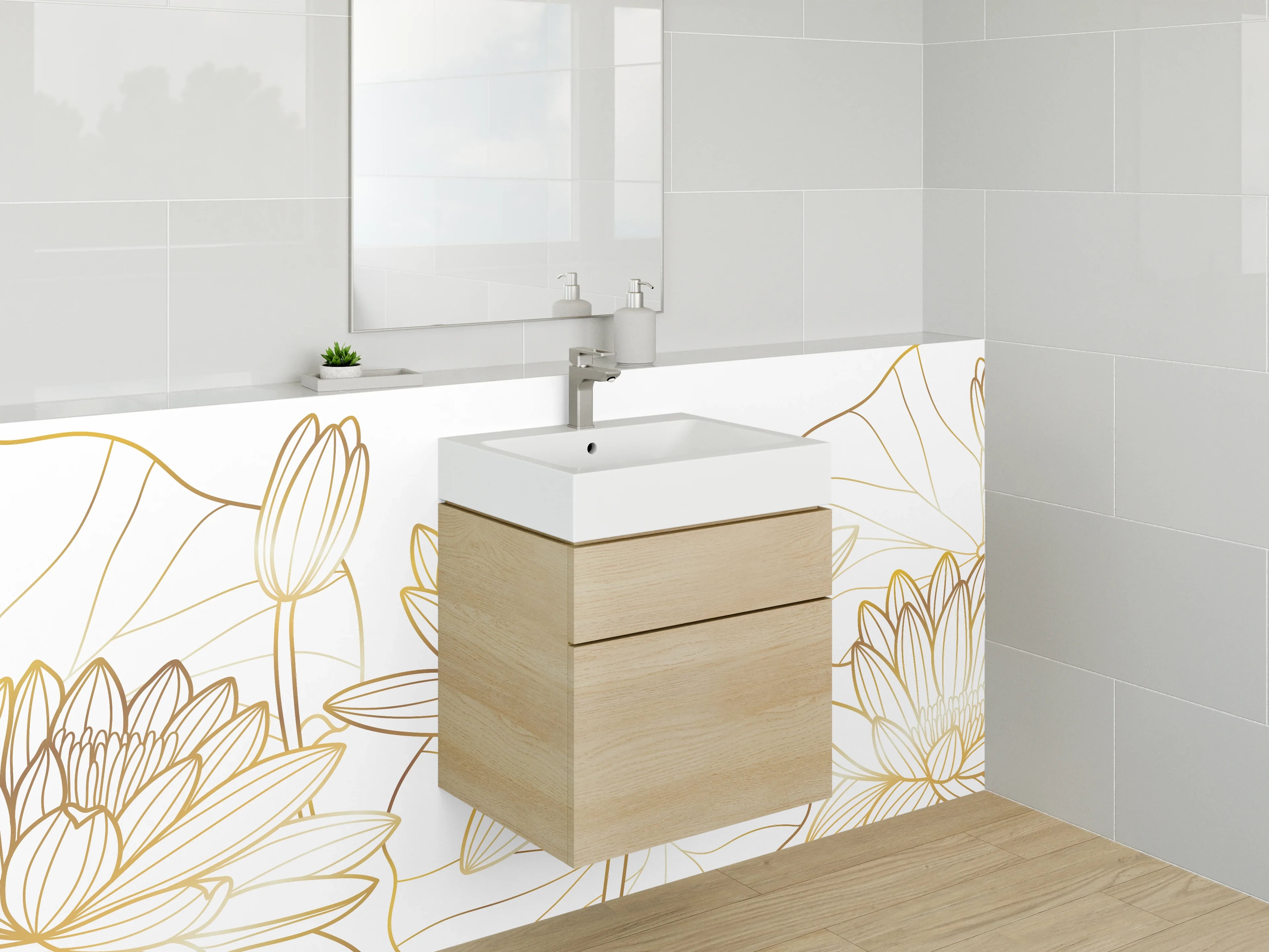 Waschbecken-Rückwand - Goldene Lotus Lineart Blumen