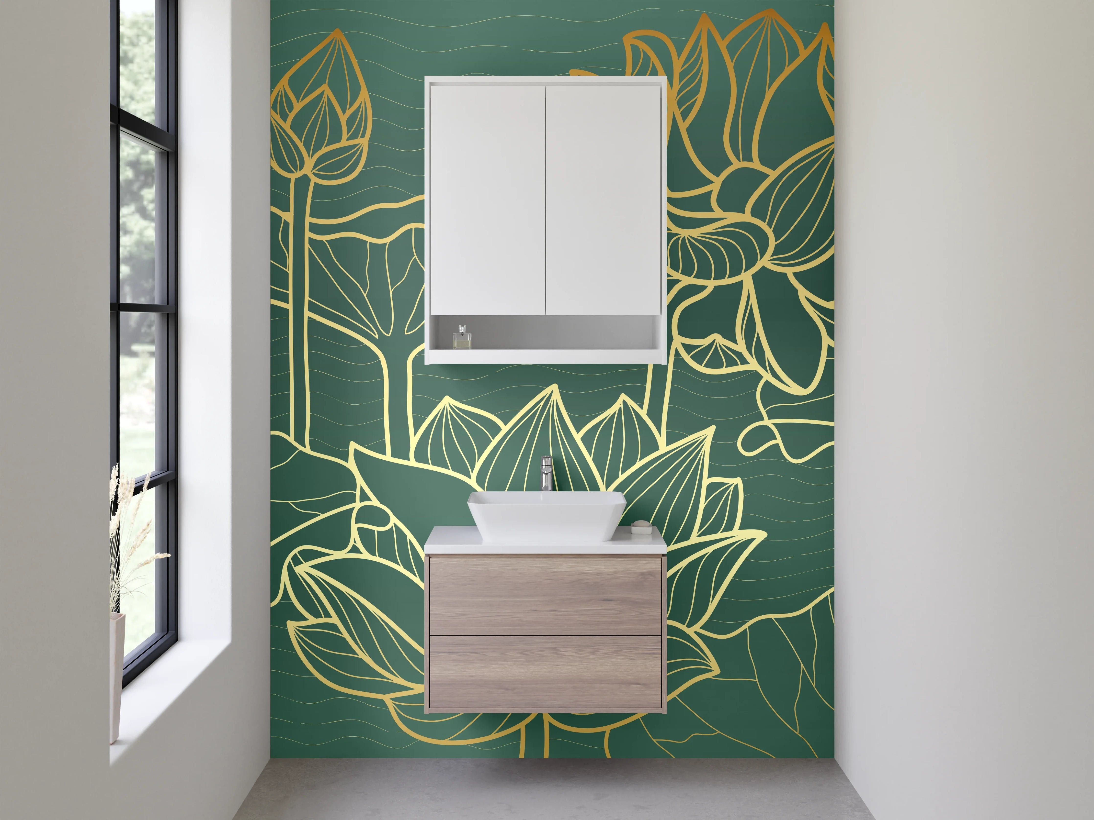 Waschbecken-Rückwand - Goldene Lotus Lineart auf Grün