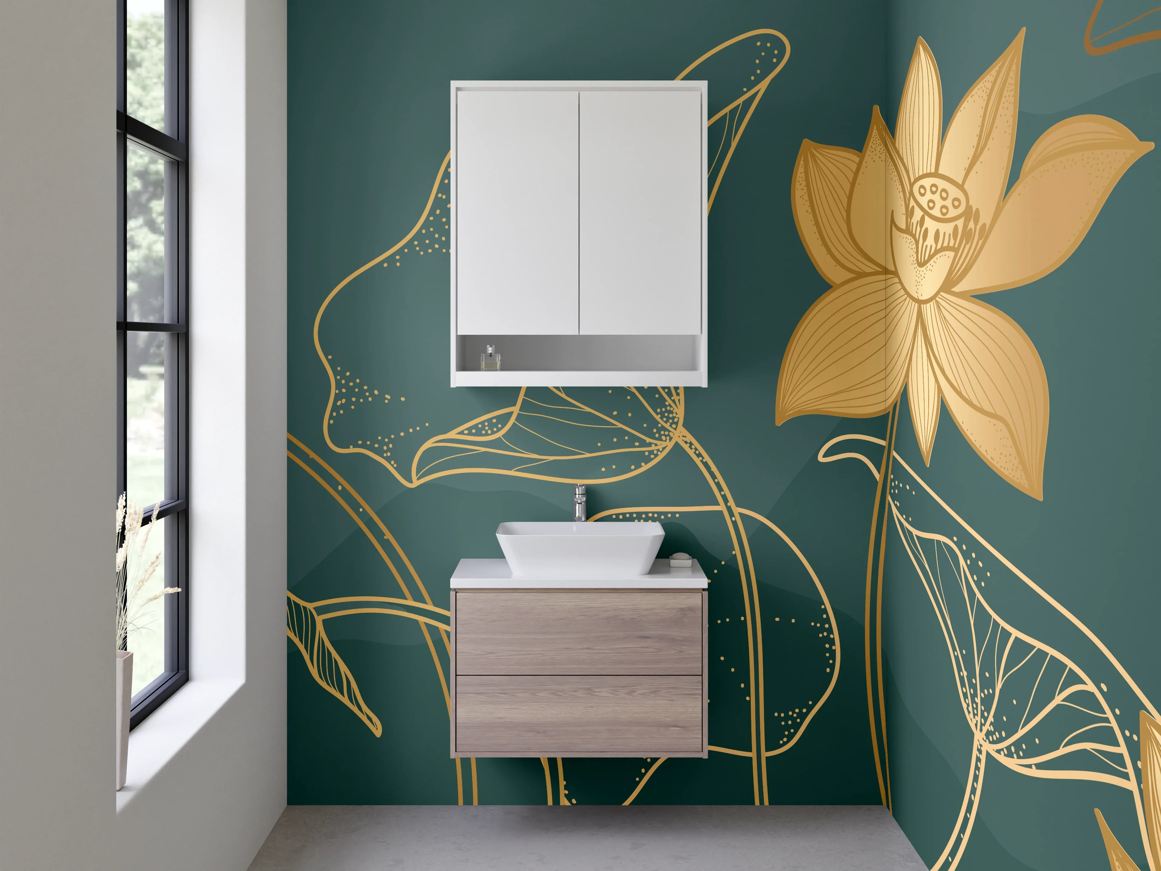 Waschbecken-Rückwand - Goldene Lotusblüten Lineart Illustration