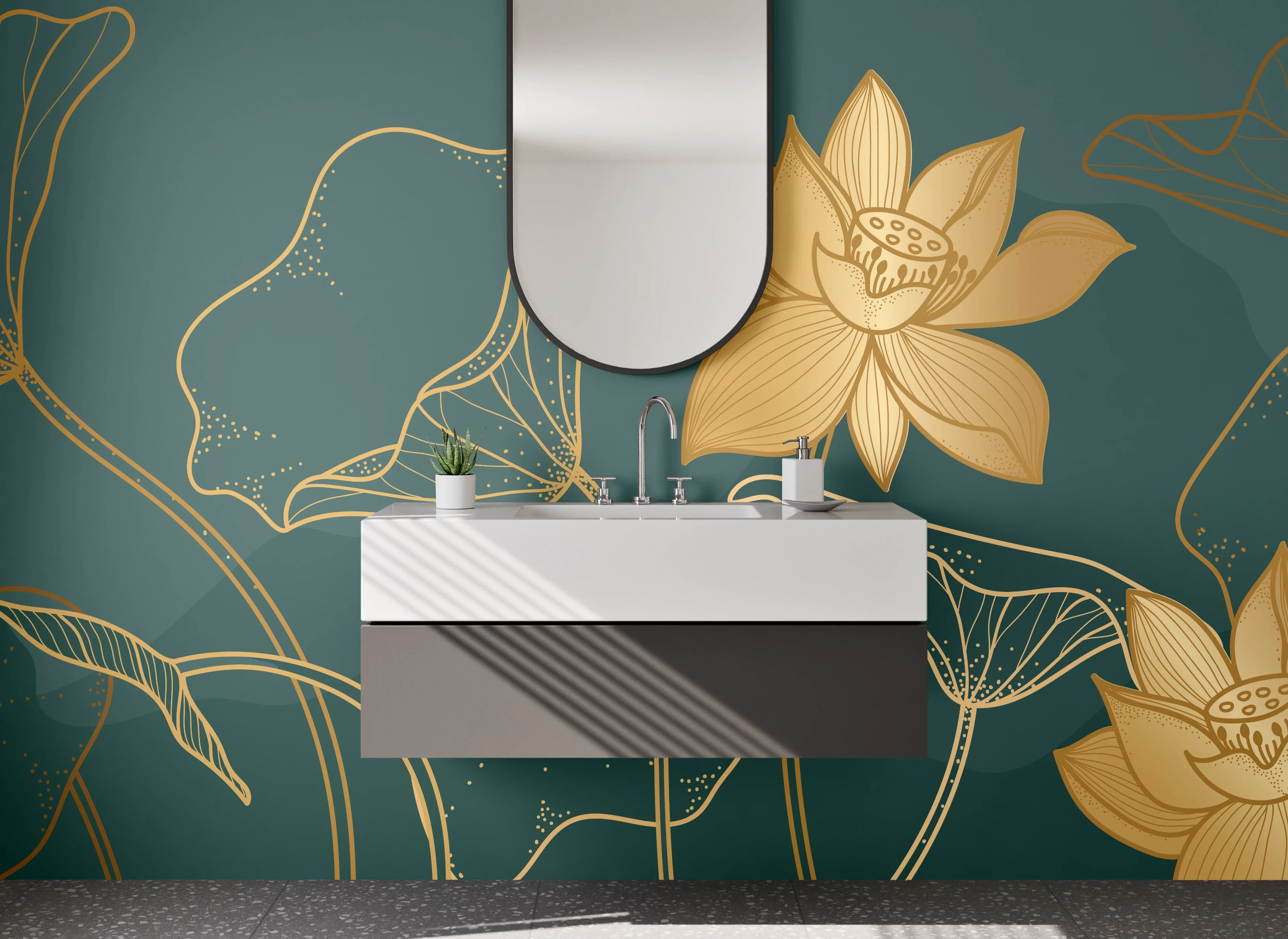 Waschbecken-Rückwand - Goldene Lotusblüten Lineart Illustration
