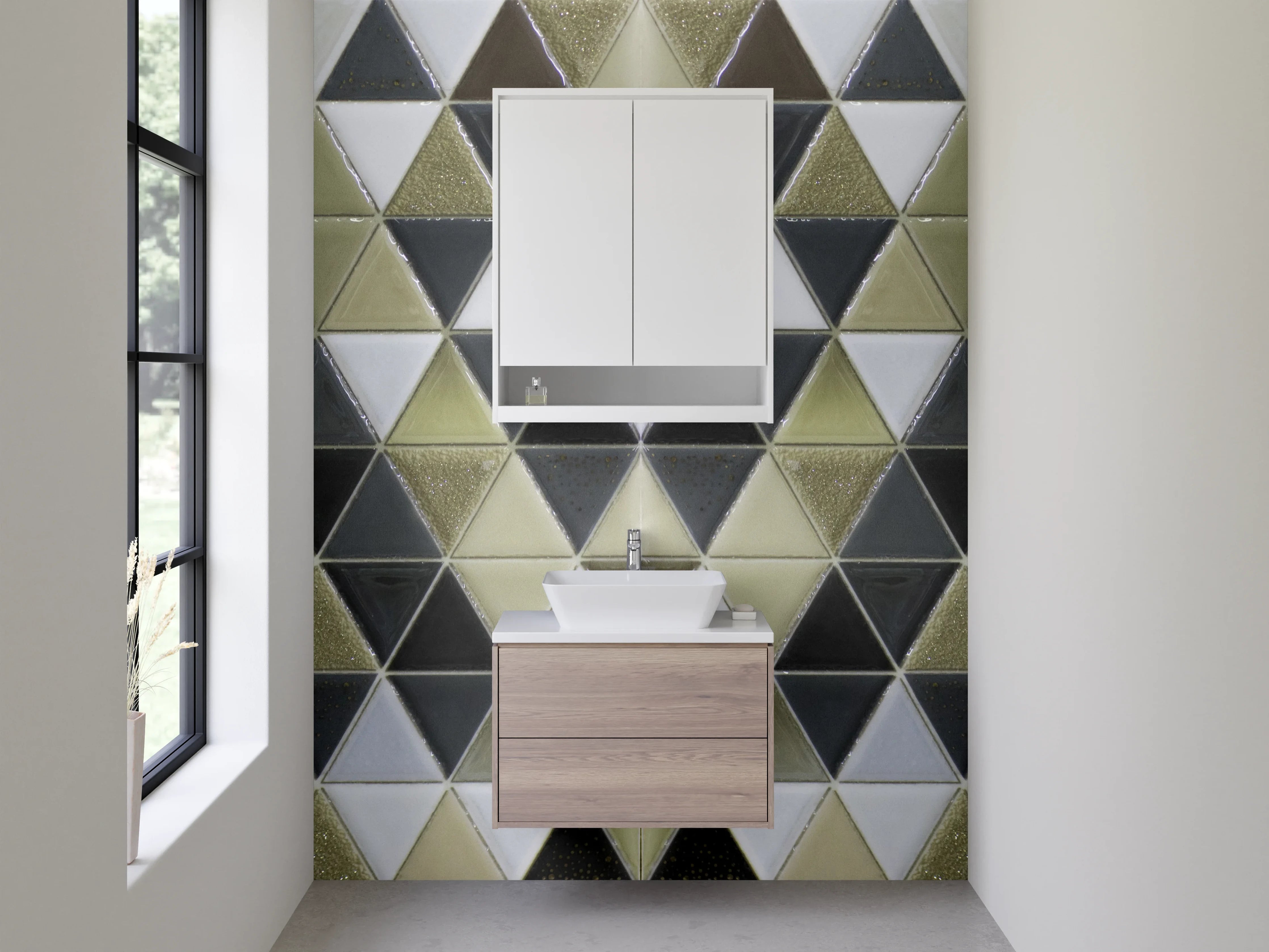 Waschbecken-Rückwand - Goldene Mosaikfliesen im Art déco Stil