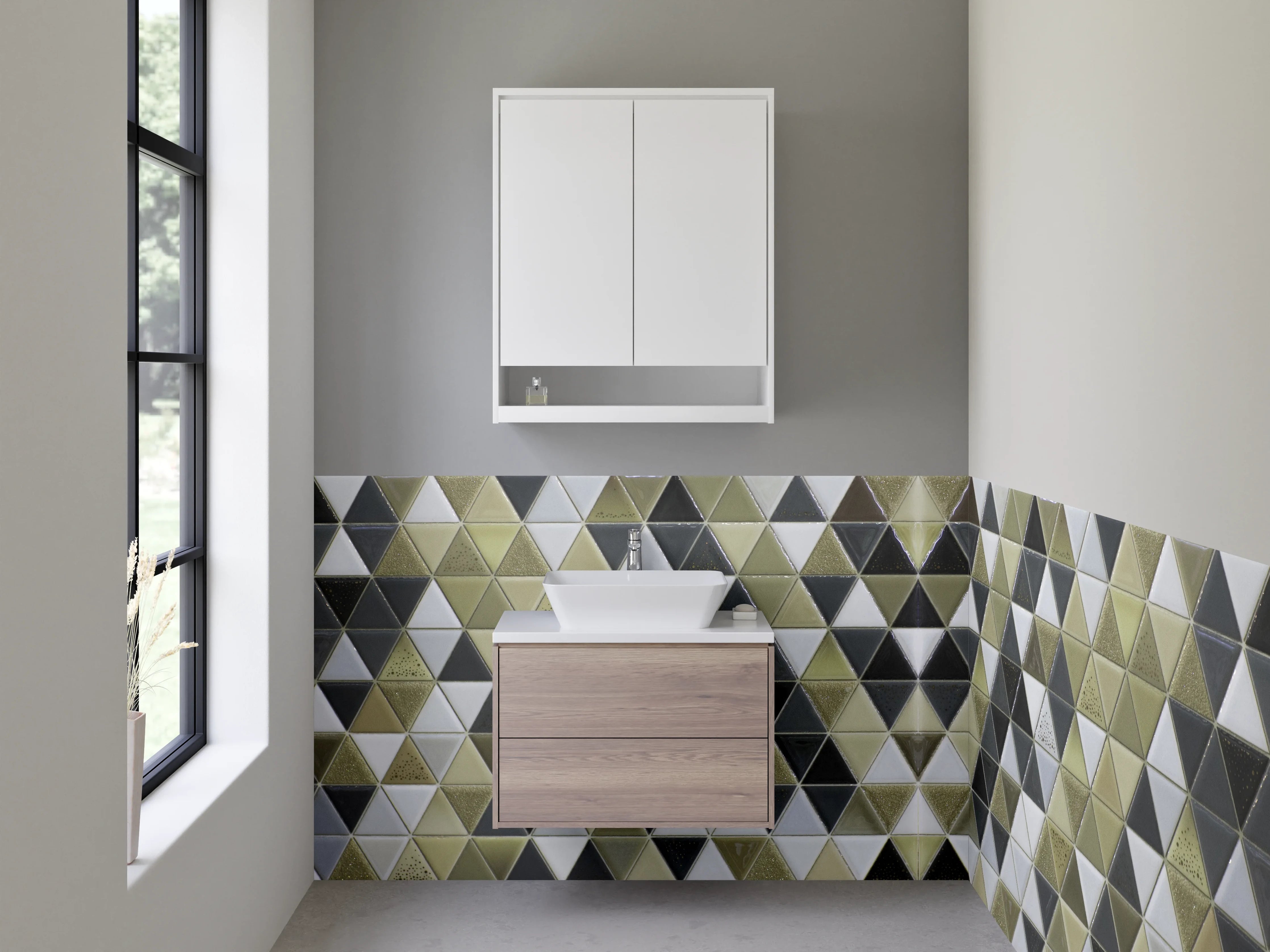 Waschbecken-Rückwand - Goldene Mosaikfliesen im Art déco Stil