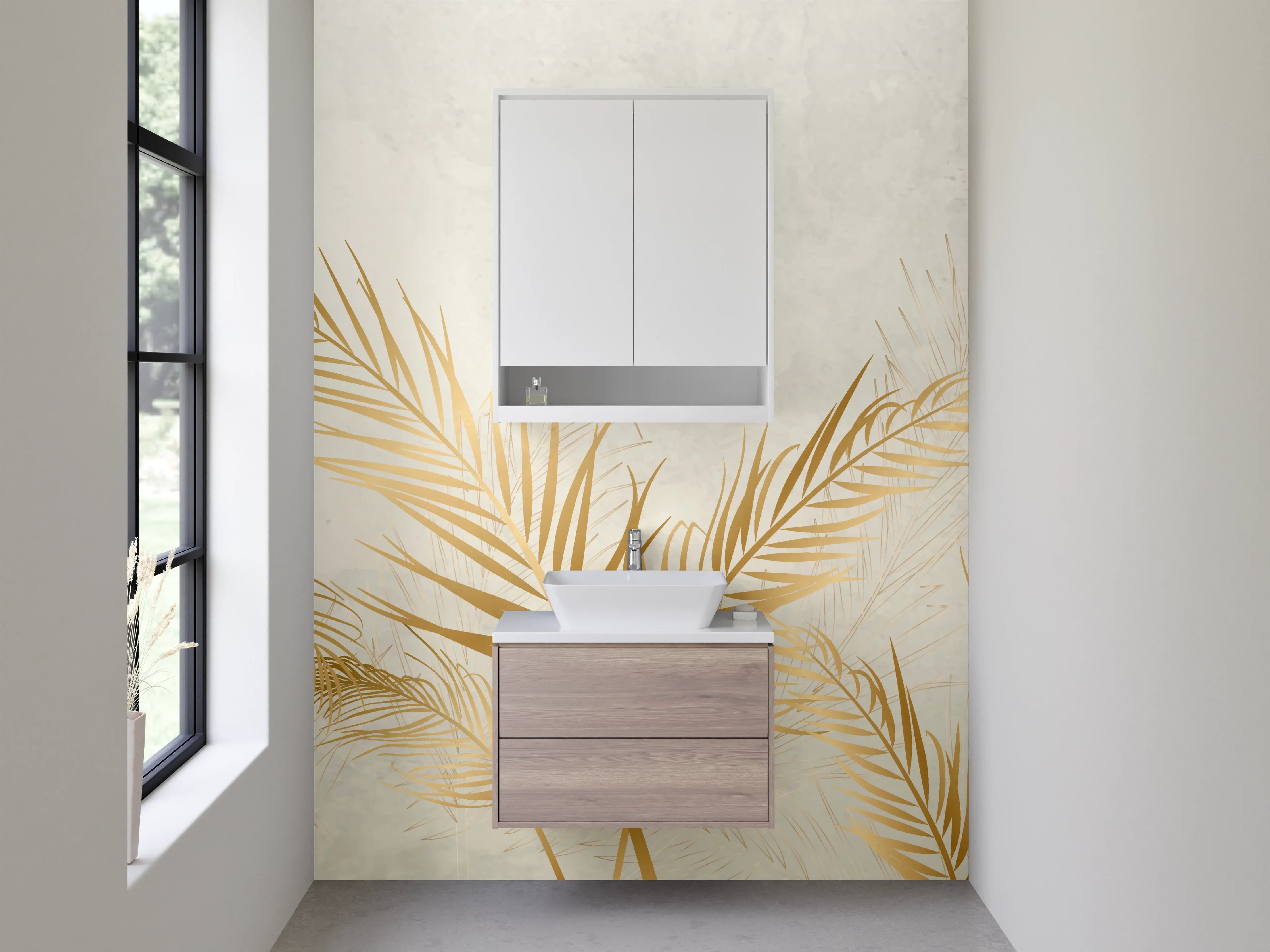 Waschbecken-Rückwand - Goldene Palmblätter auf hellem Hintergrund
