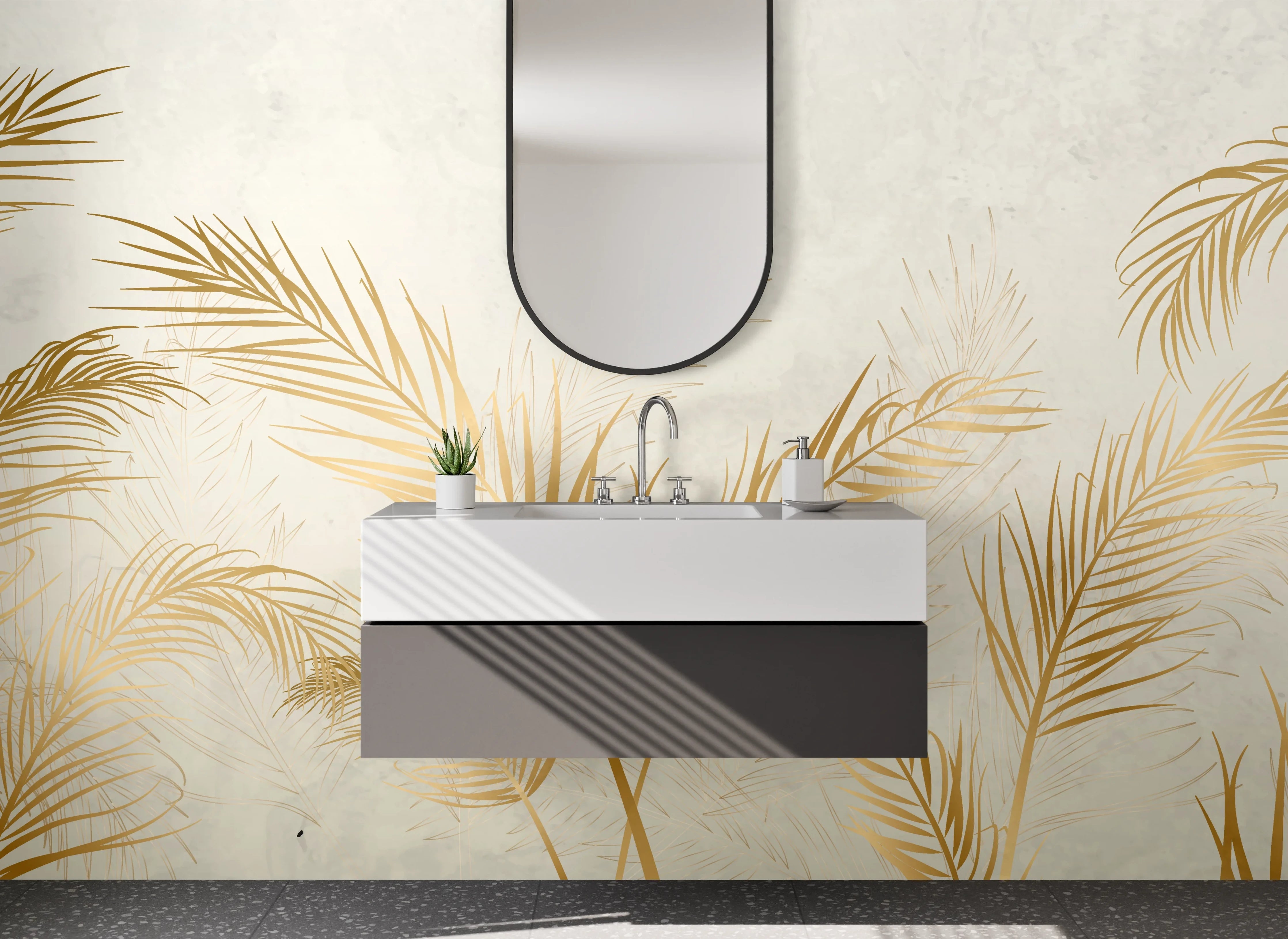 Waschbecken-Rückwand - Goldene Palmblätter auf hellem Hintergrund