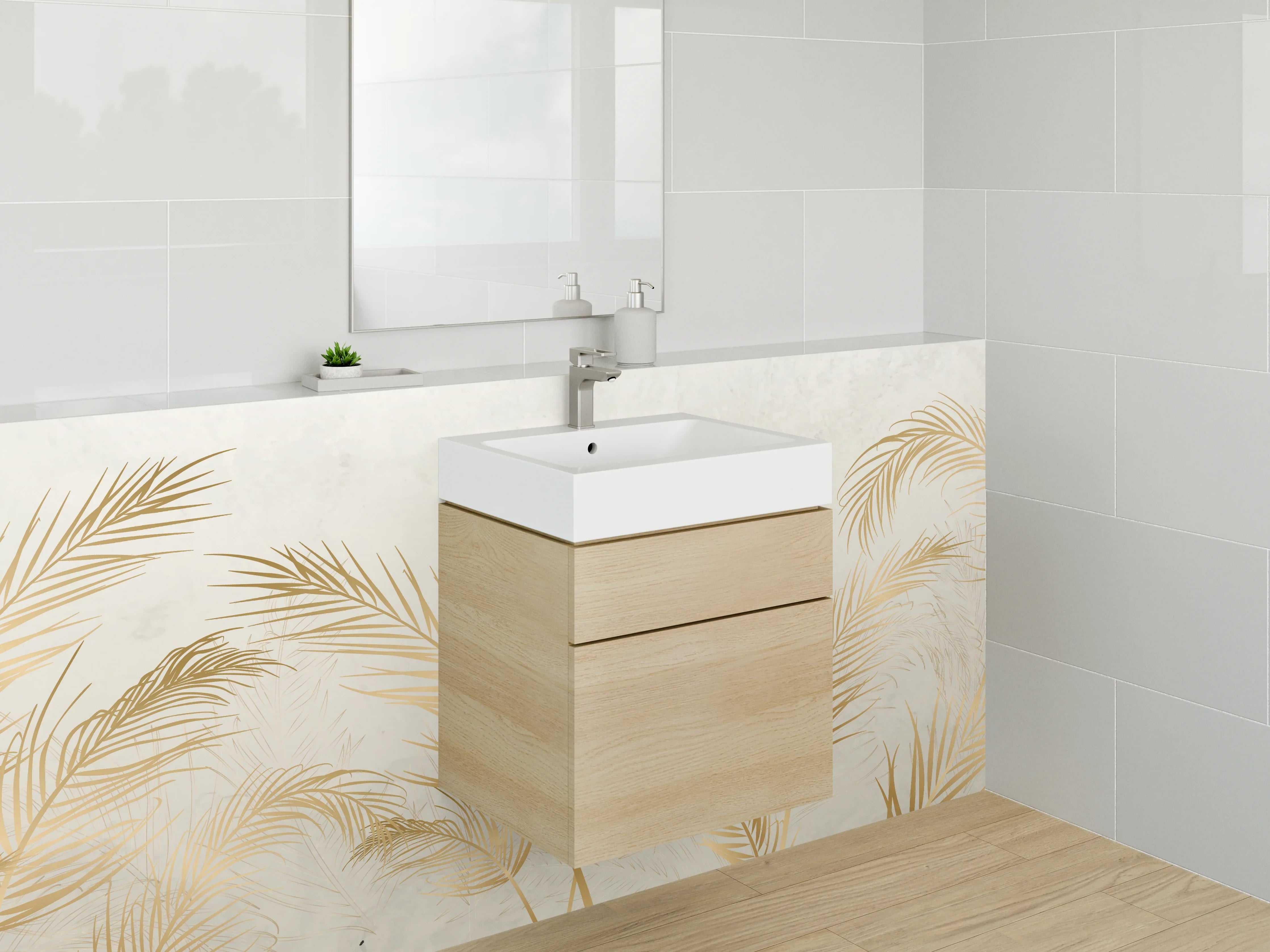 Waschbecken-Rückwand - Goldene Palmblätter auf hellem Hintergrund