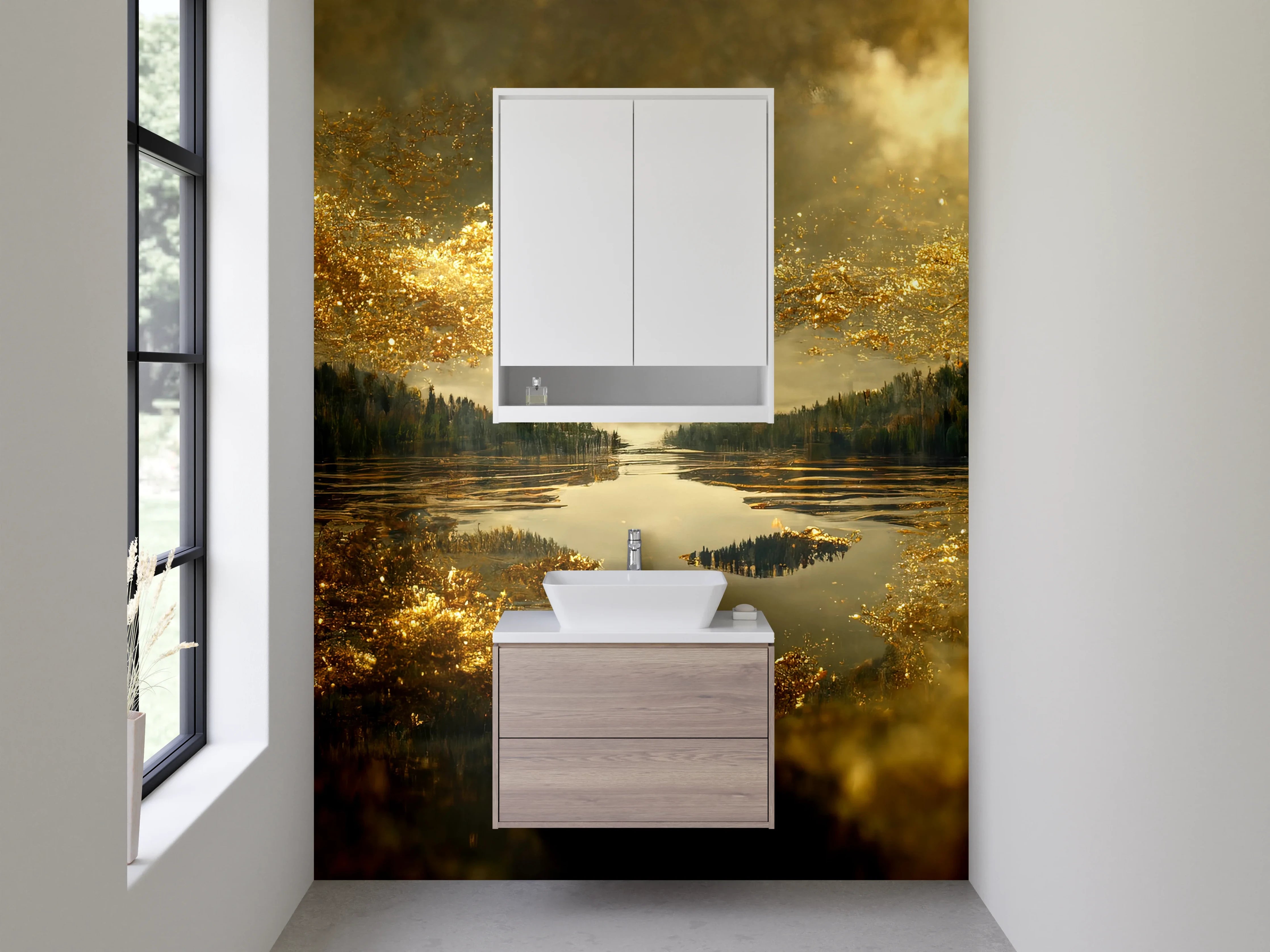 Waschbecken-Rückwand - Goldene Spiegelung Natur See Landschaft