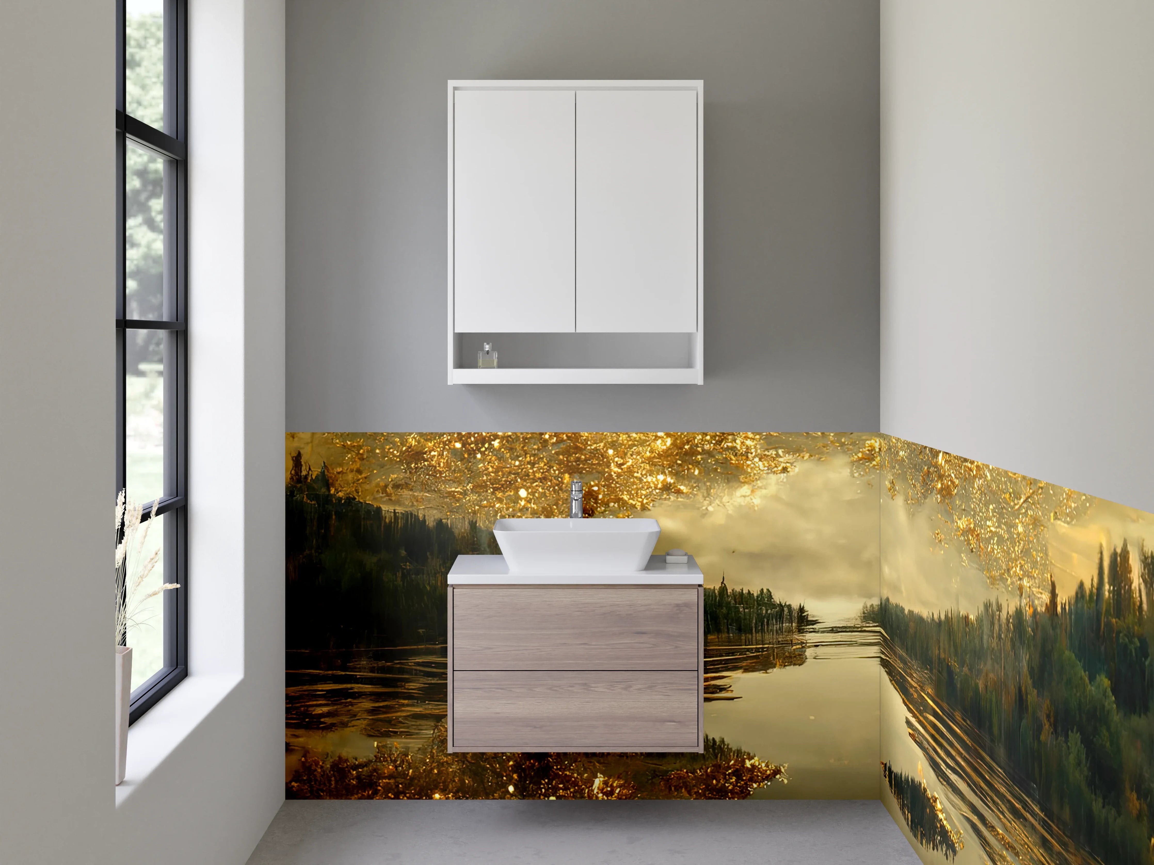 Waschbecken-Rückwand - Goldene Spiegelung Natur See Landschaft