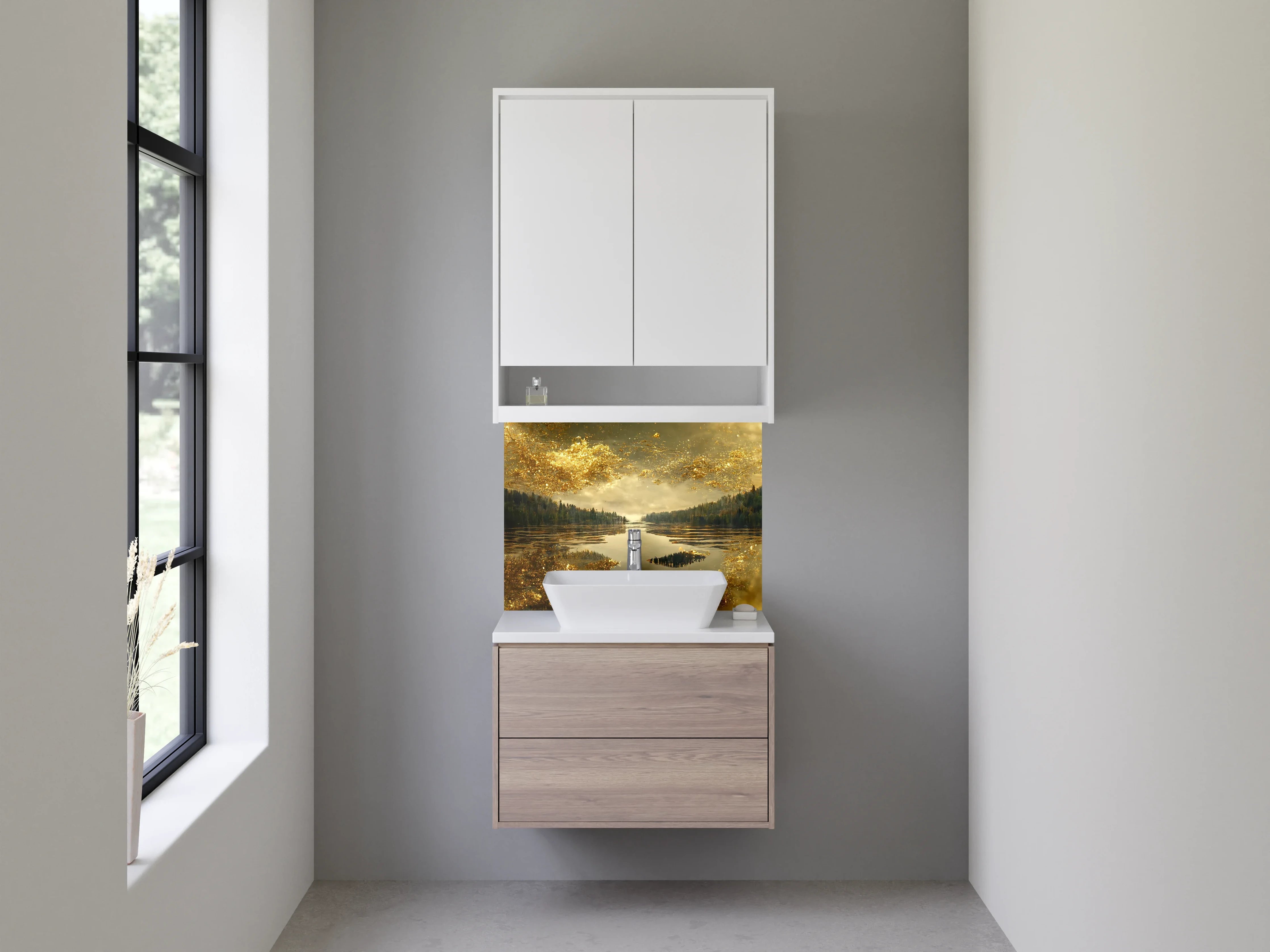 Waschbecken-Rückwand - Goldene Spiegelung Natur See Landschaft
