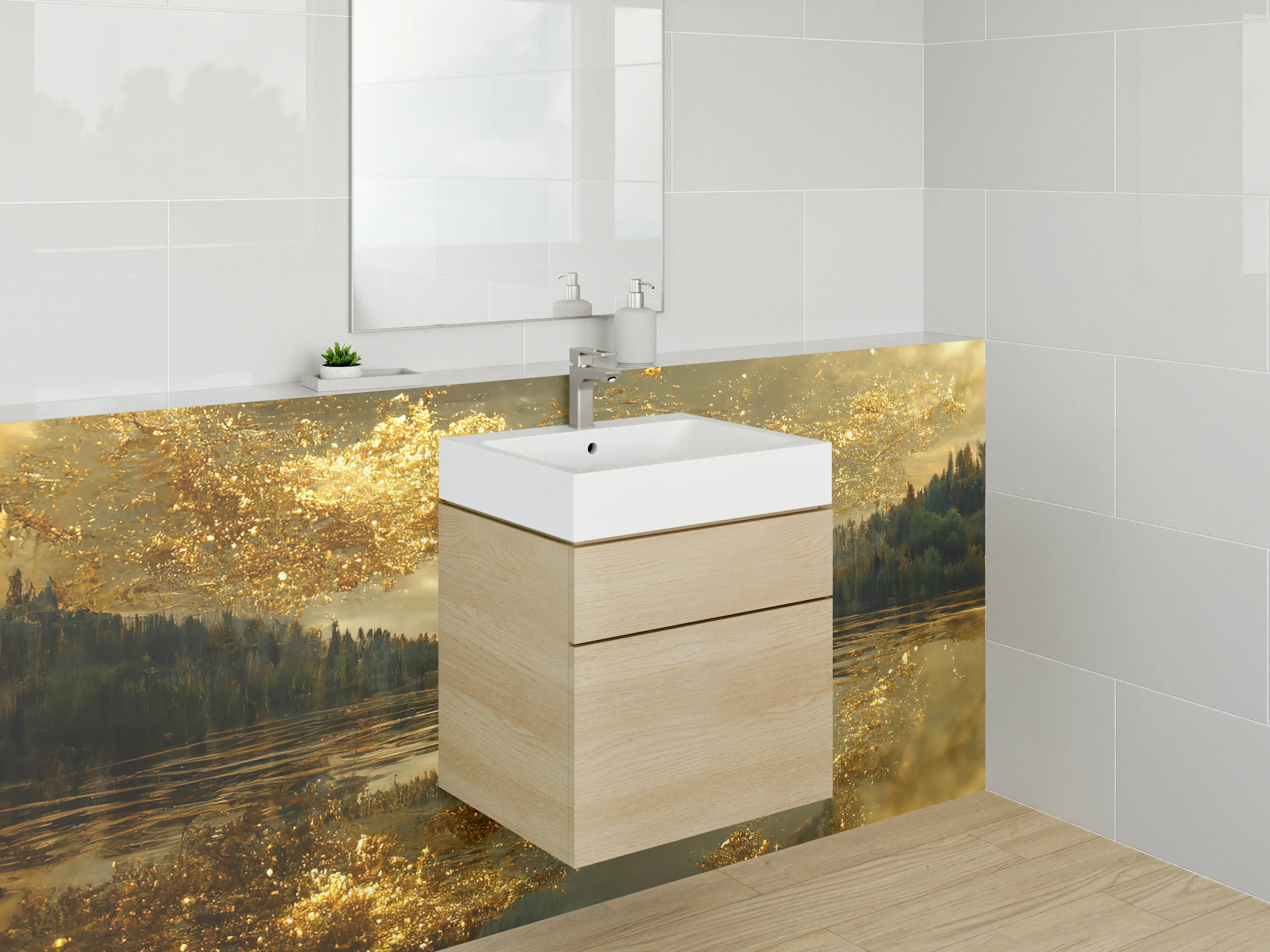 Waschbecken-Rückwand - Goldene Spiegelung Natur See Landschaft