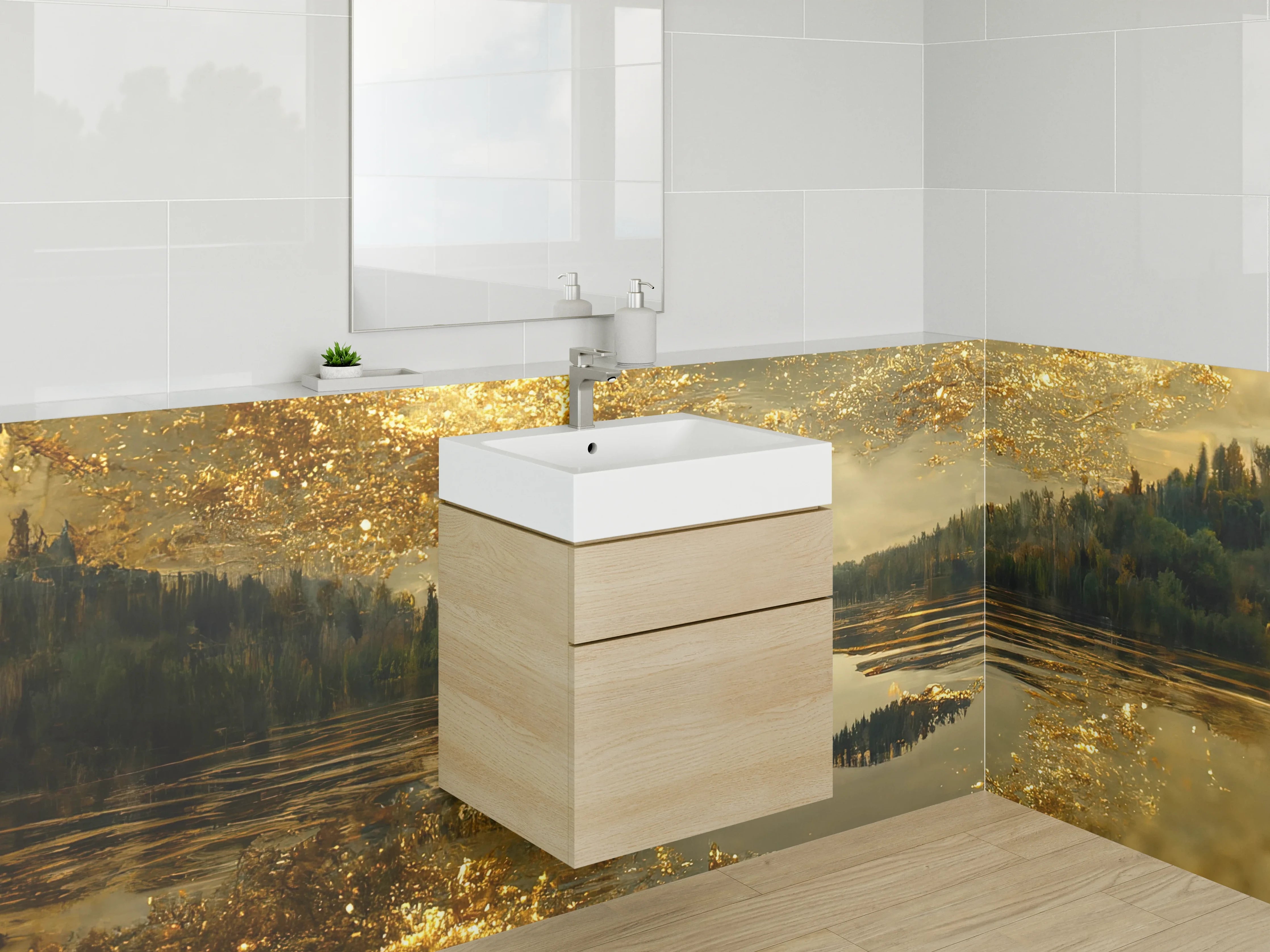 Waschbecken-Rückwand - Goldene Spiegelung Natur See Landschaft