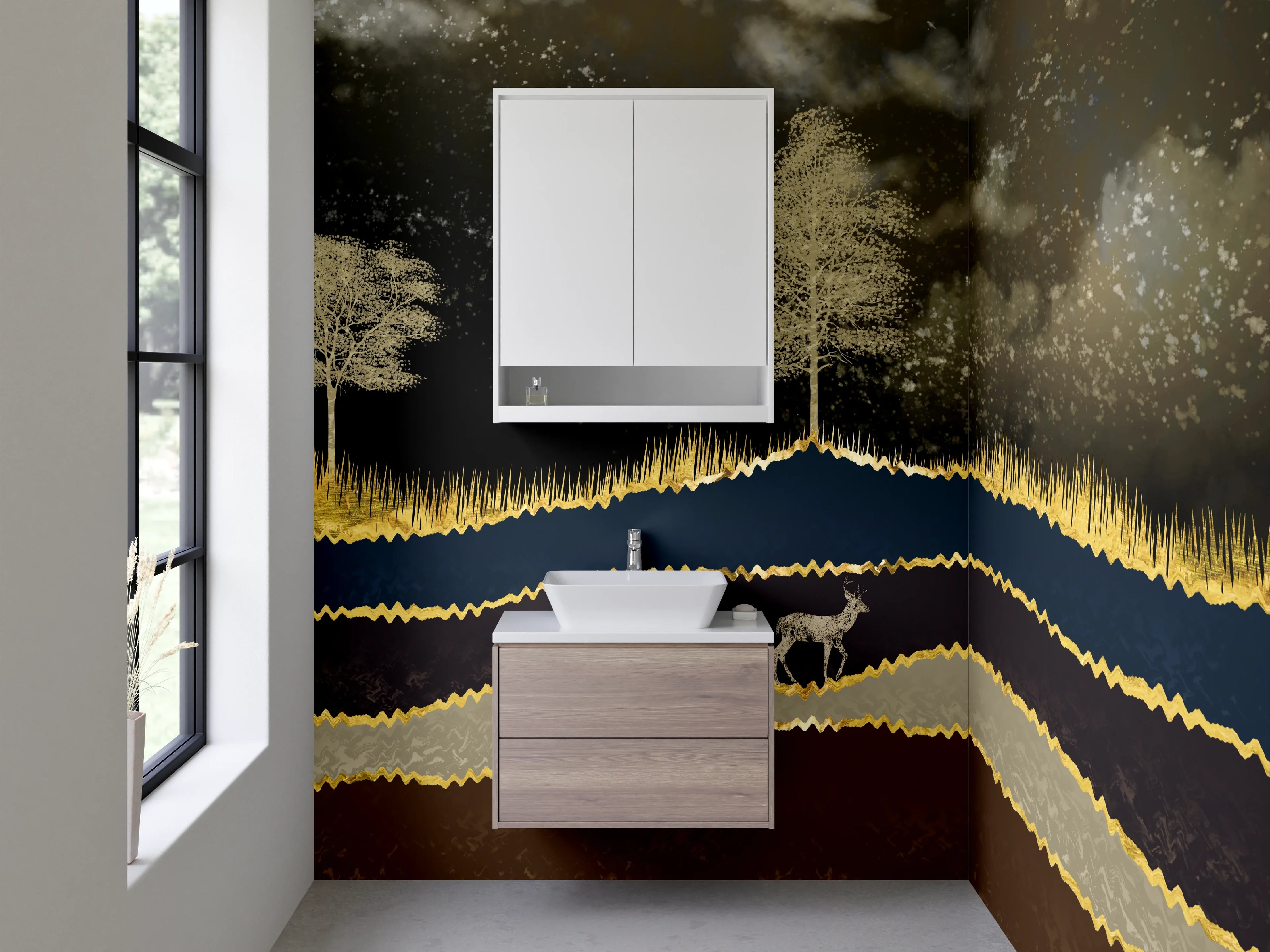 Waschbecken-Rückwand - Goldene Waldlandschaft mit Hirschen