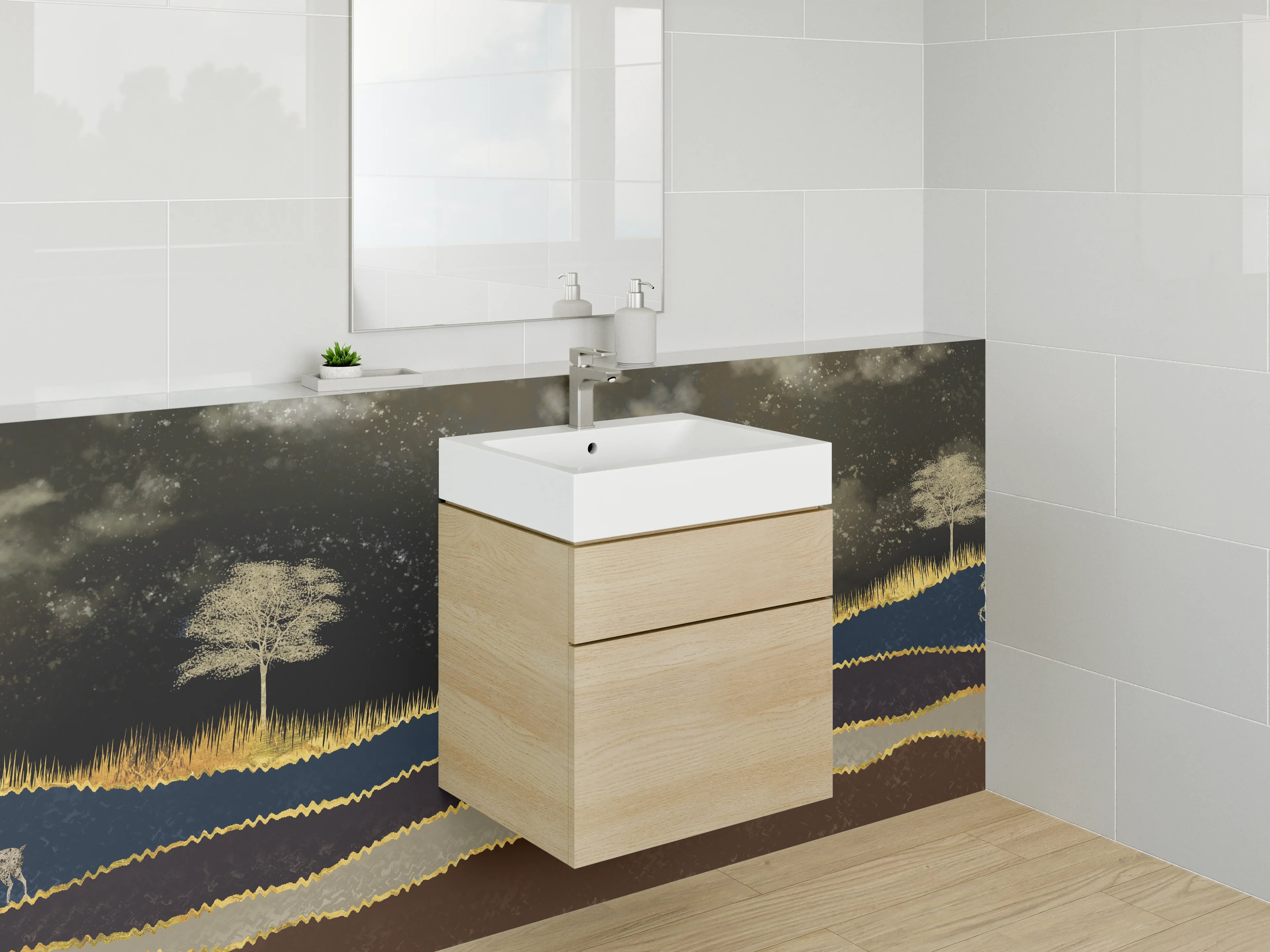 Waschbecken-Rückwand - Goldene Waldlandschaft mit Hirschen