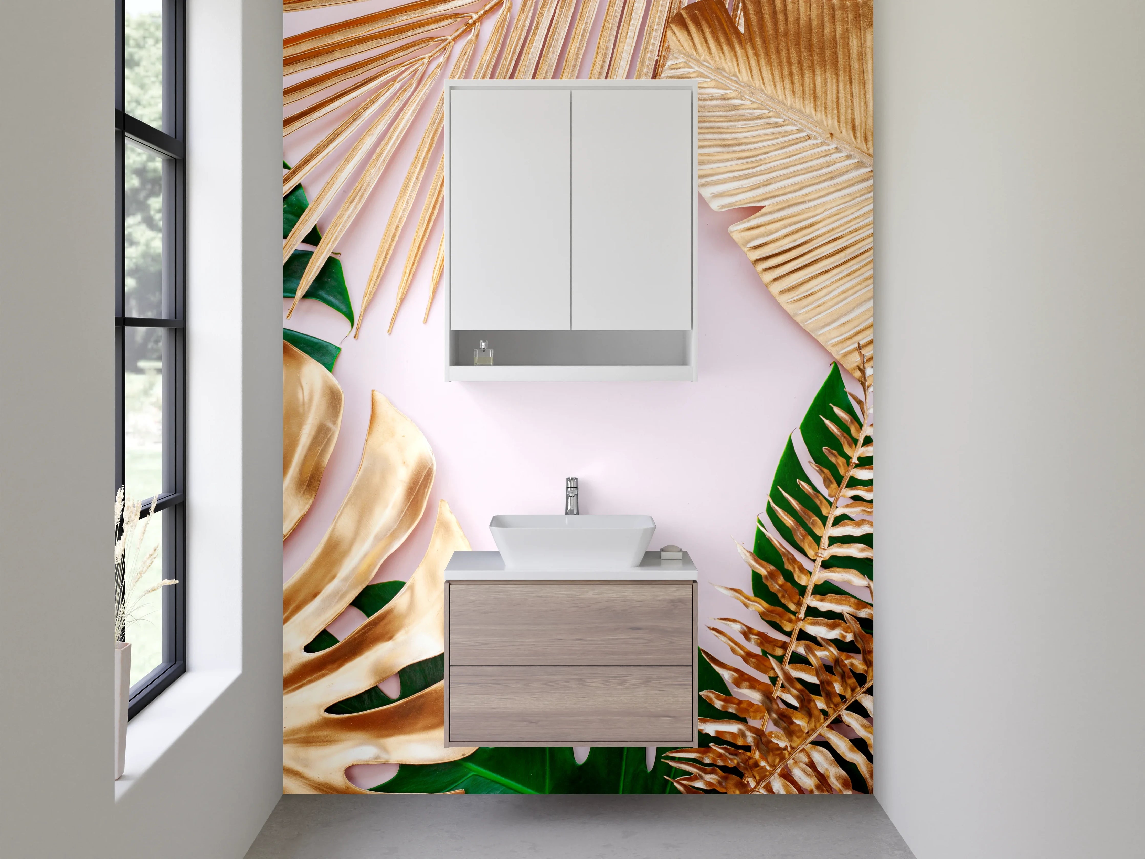 Waschbecken-Rückwand - Goldene und grüne Blätter Tropic