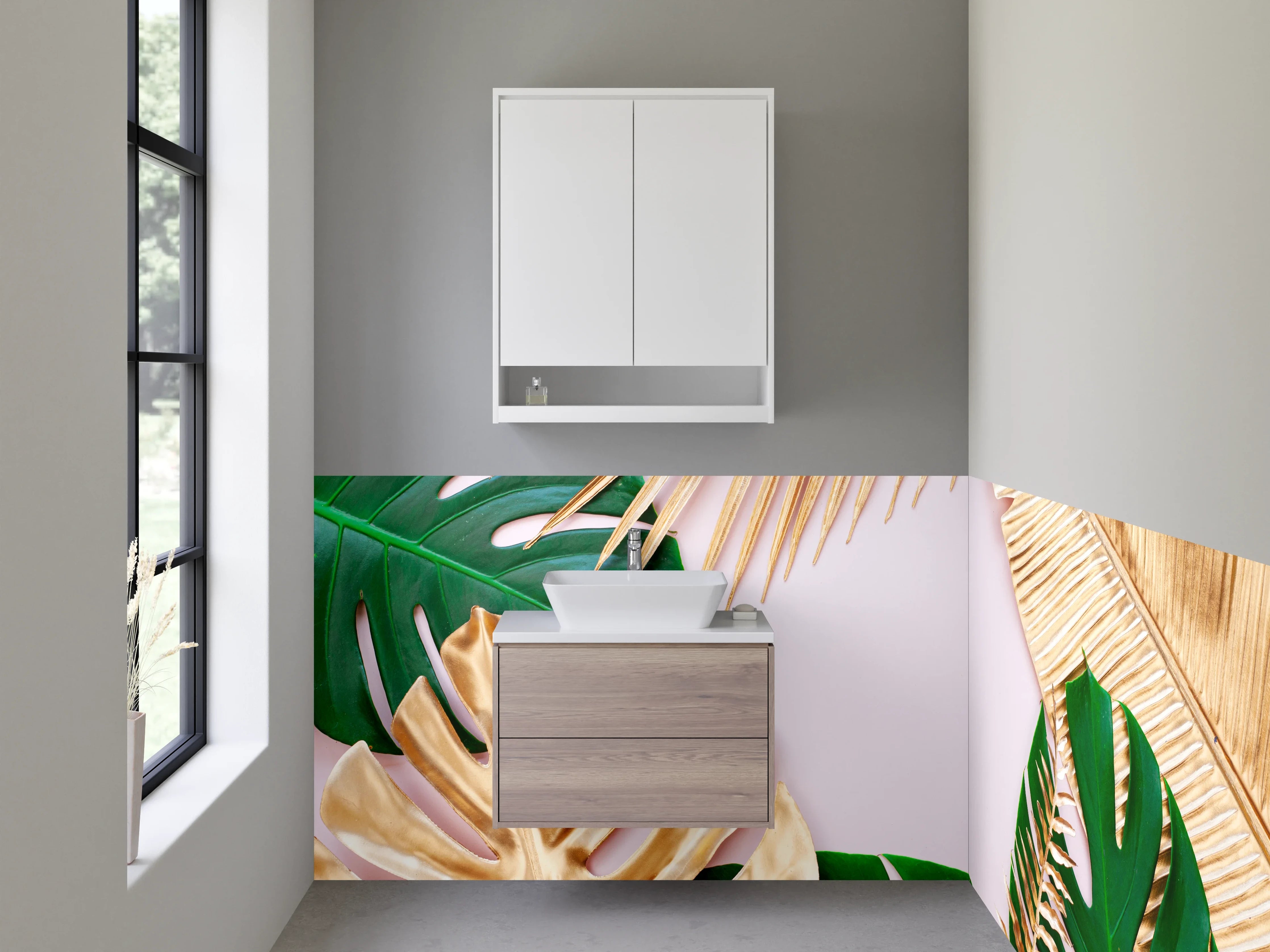Waschbecken-Rückwand - Goldene und grüne Blätter Tropic