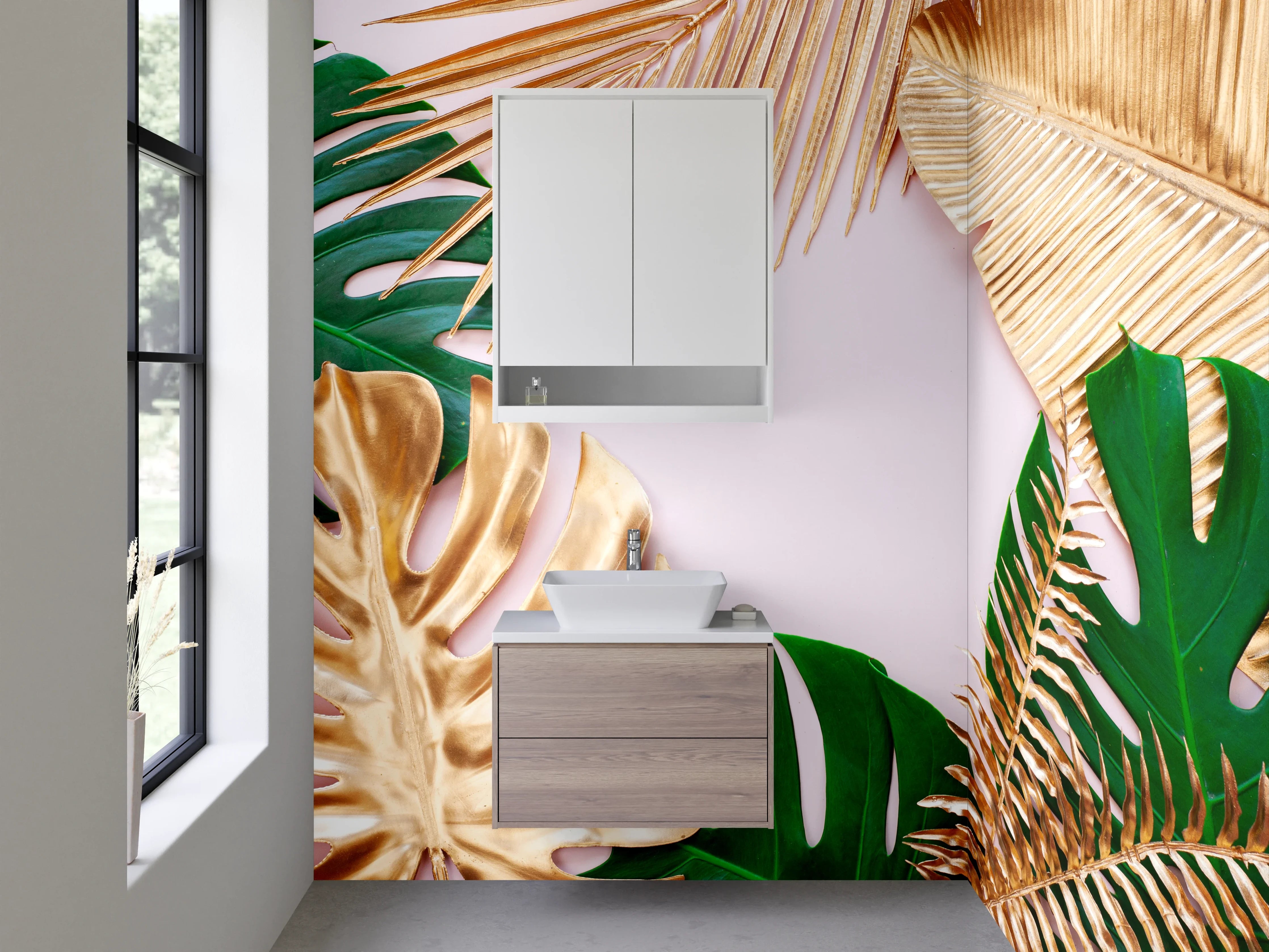 Waschbecken-Rückwand - Goldene und grüne Blätter Tropic