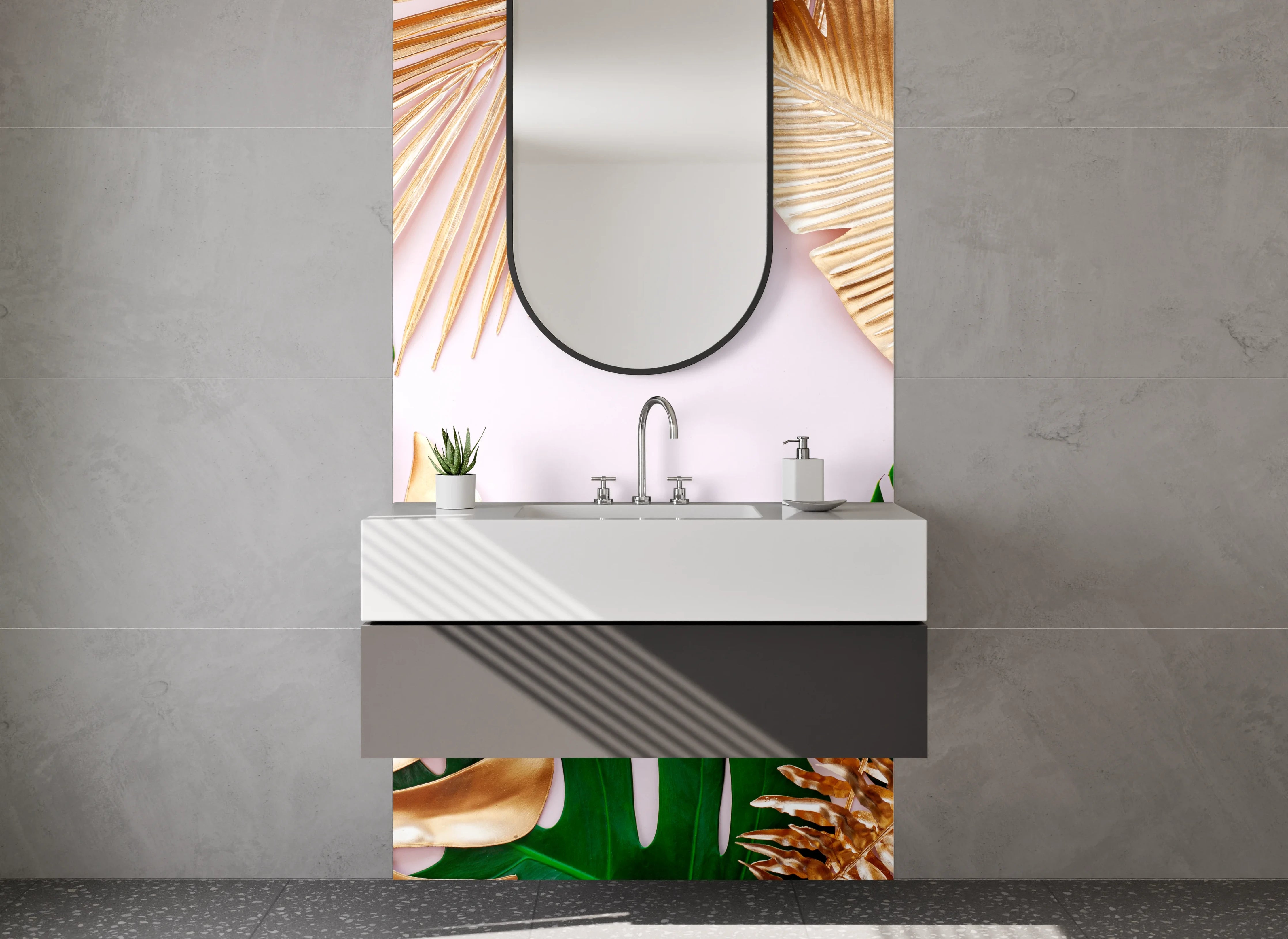 Waschbecken-Rückwand - Goldene und grüne Blätter Tropic