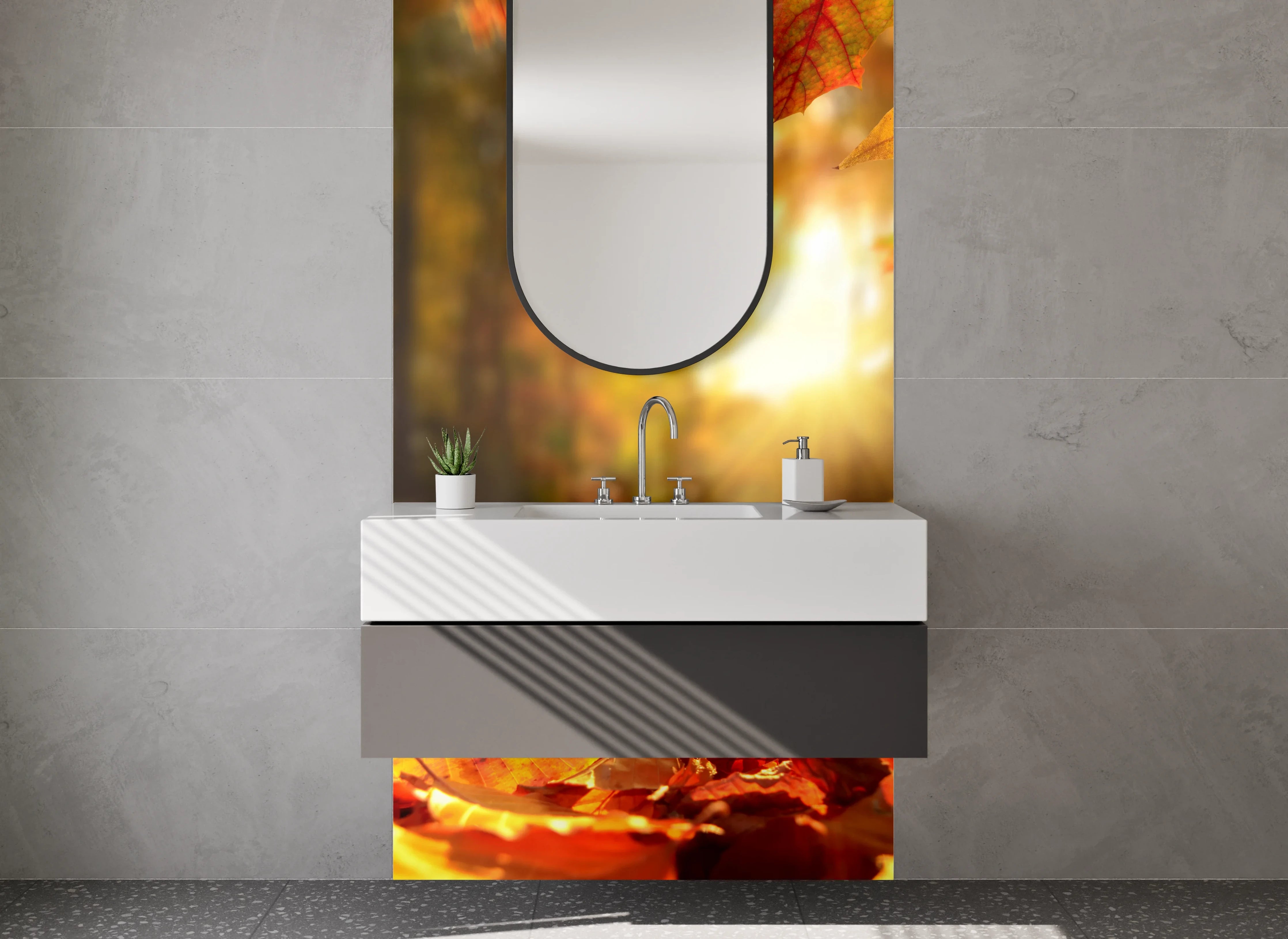 Waschbecken-Rückwand - Goldener Herbstlaub Boden Sonnenlicht