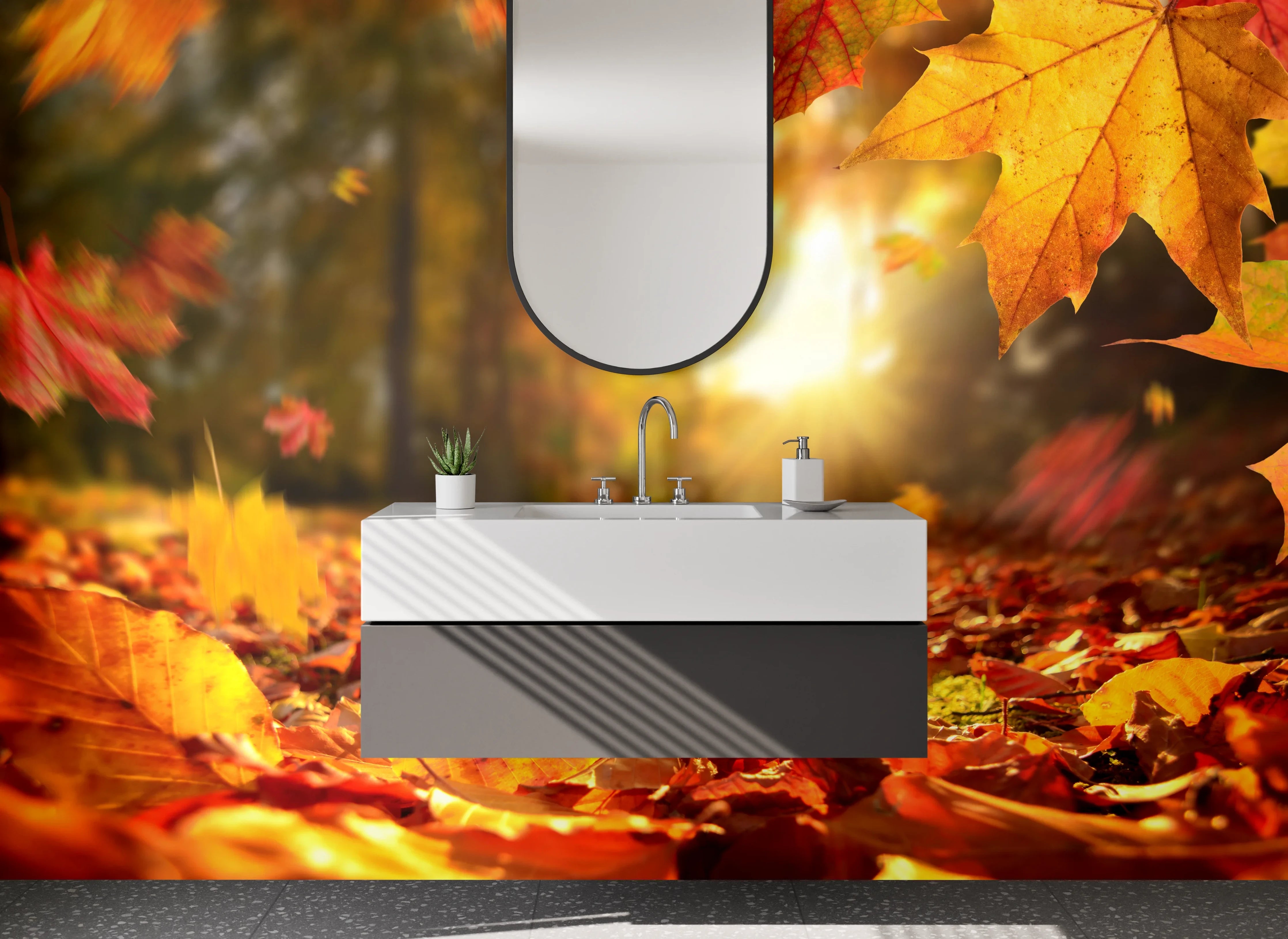 Waschbecken-Rückwand - Goldener Herbstlaub Boden Sonnenlicht